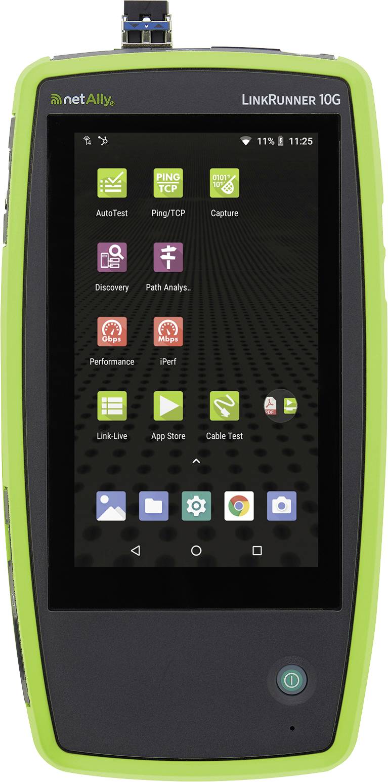 Tester di rete portatile 'NetAlly LinkRunner 10G' con display touchscreen che mostra icone per vari test e app.