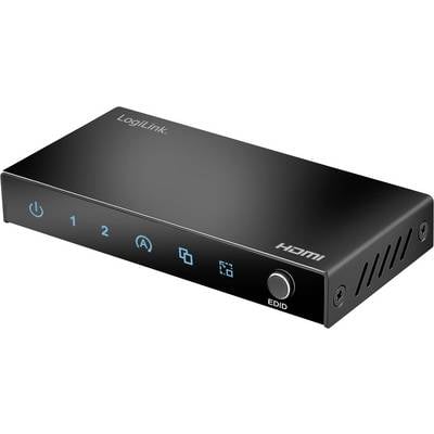 Una scatola nera di commutazione HDMI con pulsanti di alimentazione, commutazione e indicatore per quattro ingressi, etichettata "LogiLink" sulla parte superiore.
