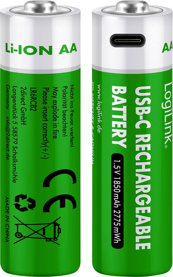 LogiLink LR6RCB2 Batteria ricaricabile Stilo (AA) Li-Ion 1850 mAh 1.5 V 2 pz.