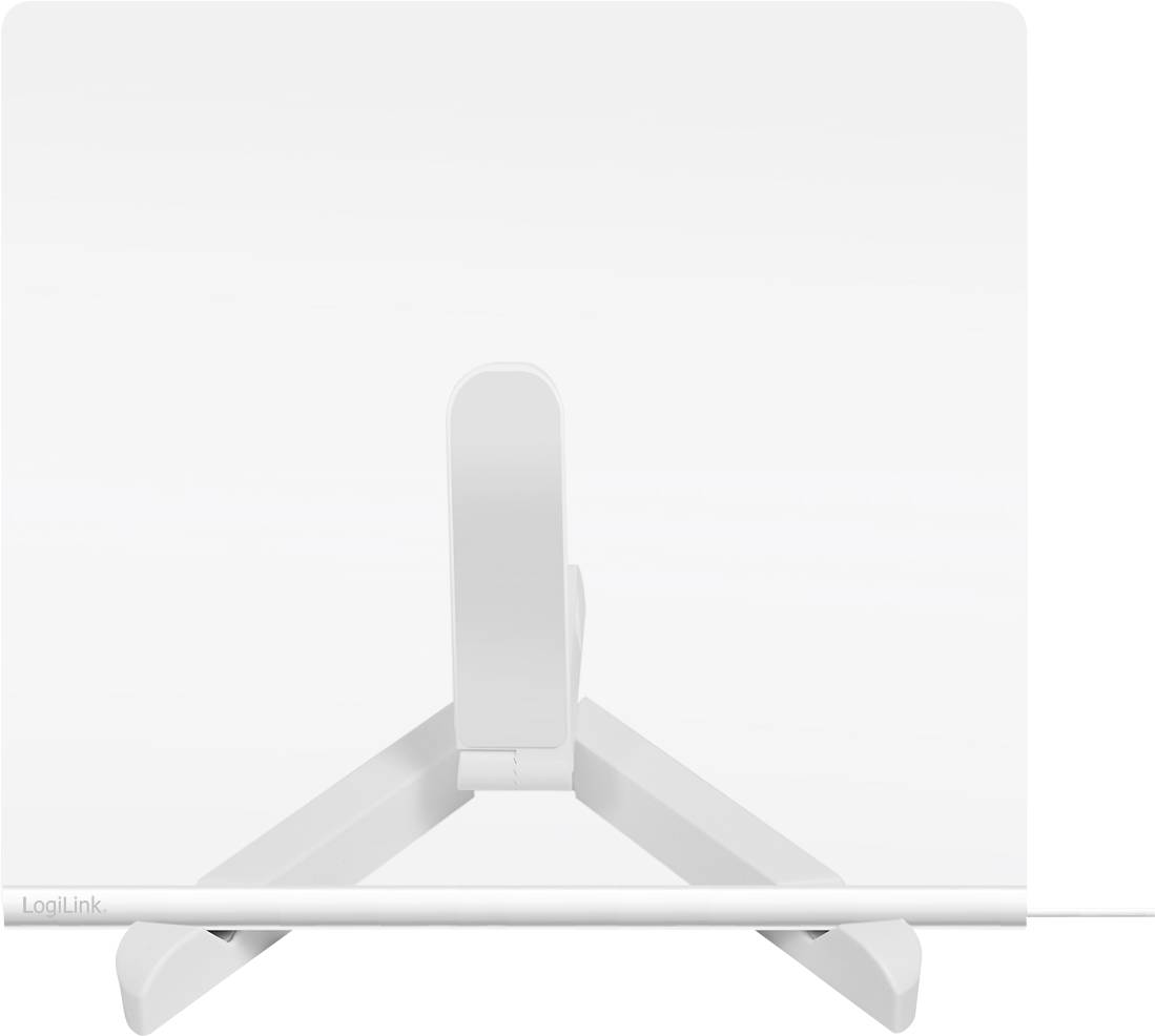 Un supporto bianco per tablet o telefono con schienale regolabile, progettato per tenere i dispositivi in posizione verticale.