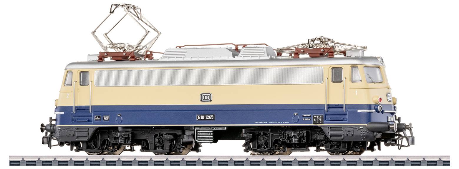 Locomotiva per trenini in giallo e blu su un binario, con pantografi e ruote dettagliati, su sfondo bianco.