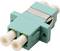 Adattatore in fibra ottica aqua e bianco con due porte, comunemente utilizzato per connessioni di rete e telecomunicazioni.
