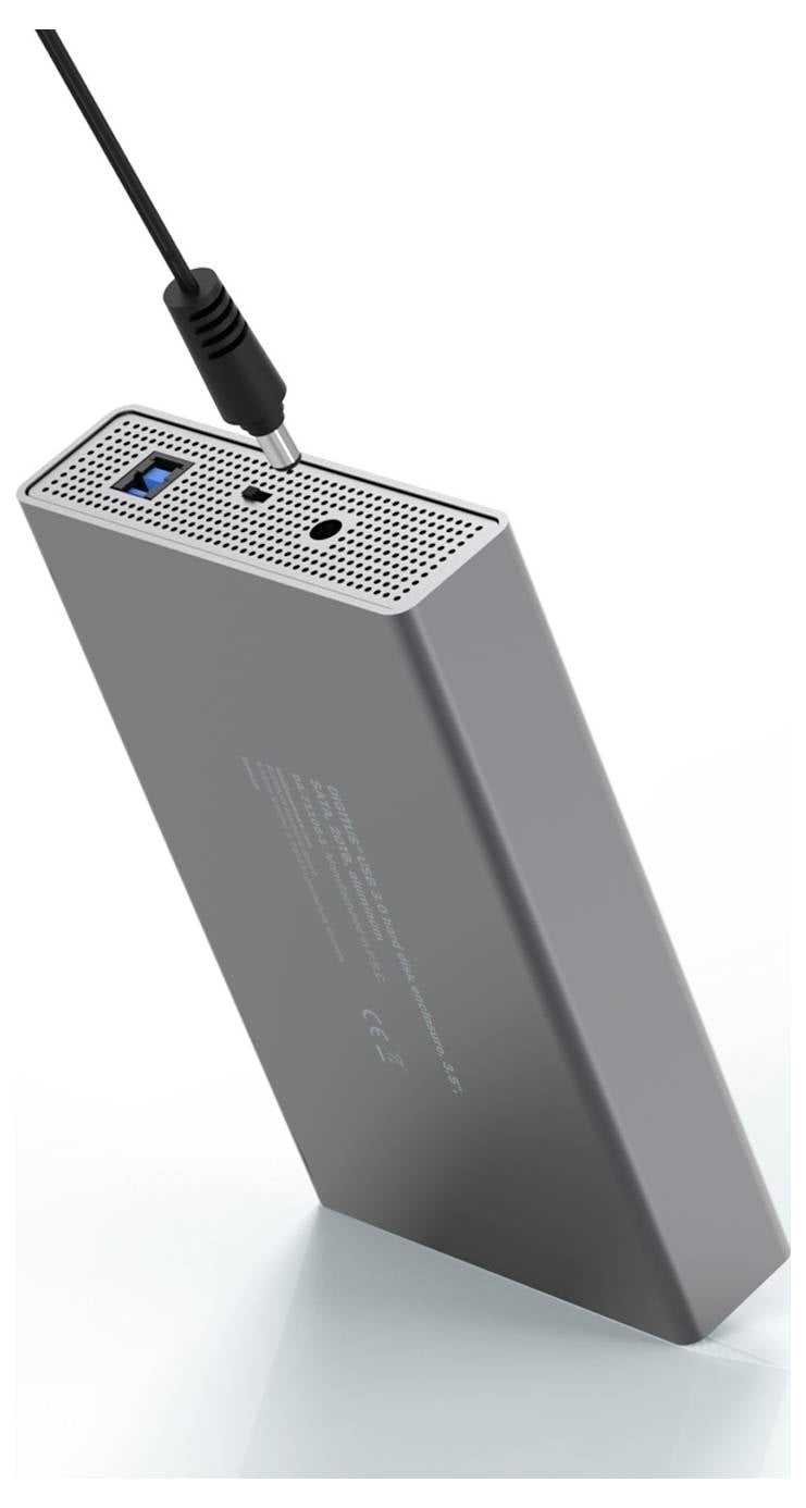 Un involucro esterno rettangolare per disco rigido con cavo USB collegato e fori di ventilazione sulla parte superiore, progettato per alloggiare un'unità da 2,5 pollici.