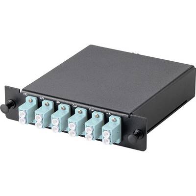 Un pannello di gestione patch in fibra ottica nera con sei connettori LC, numerati da 1 a 6, per la gestione dei cavi di rete.