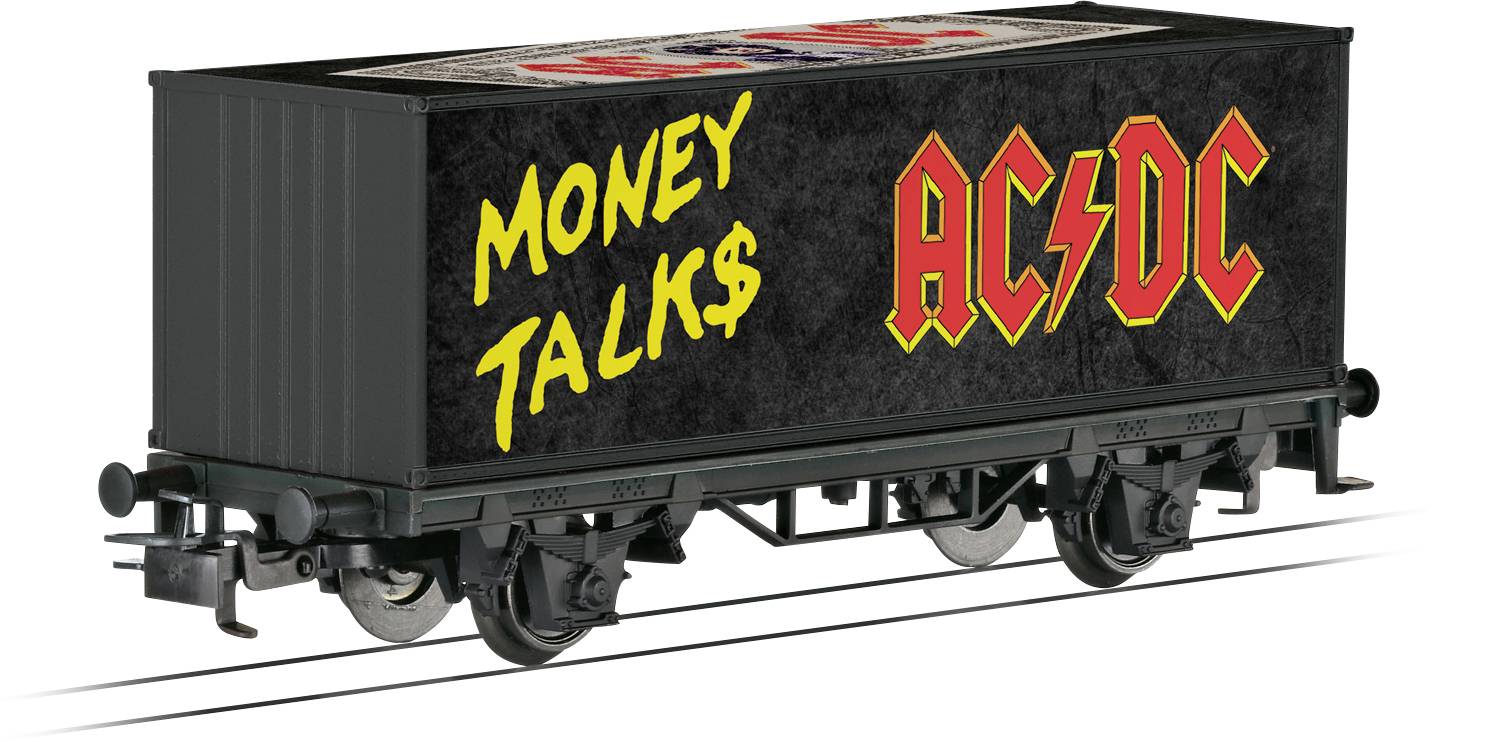 Vagone di treno in miniatura con 'AC/DC' e 'Money Talk<!--ssr-html-->#39; in lettere gialle e rosse in grassetto.
