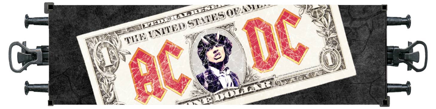 Una banconota da un dollaro con "AC DC" in lettere rosse e un ritratto stilizzato di una persona al posto del volto del presidente.