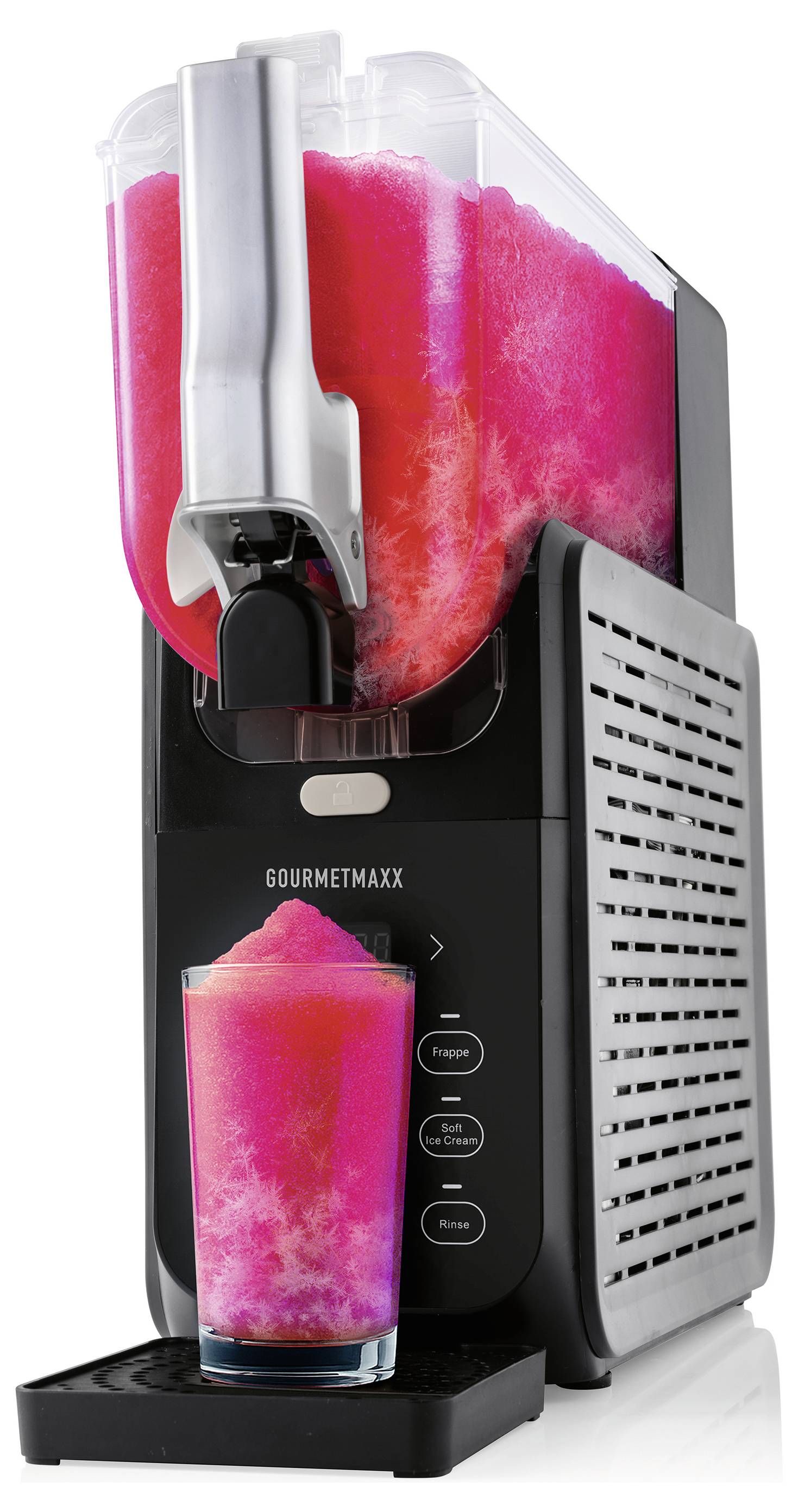 Una macchina per slushie che dispensa una bevanda rosa e viola vibrante in un bicchiere trasparente. Il dispositivo presenta pulsanti per il funzionamento.