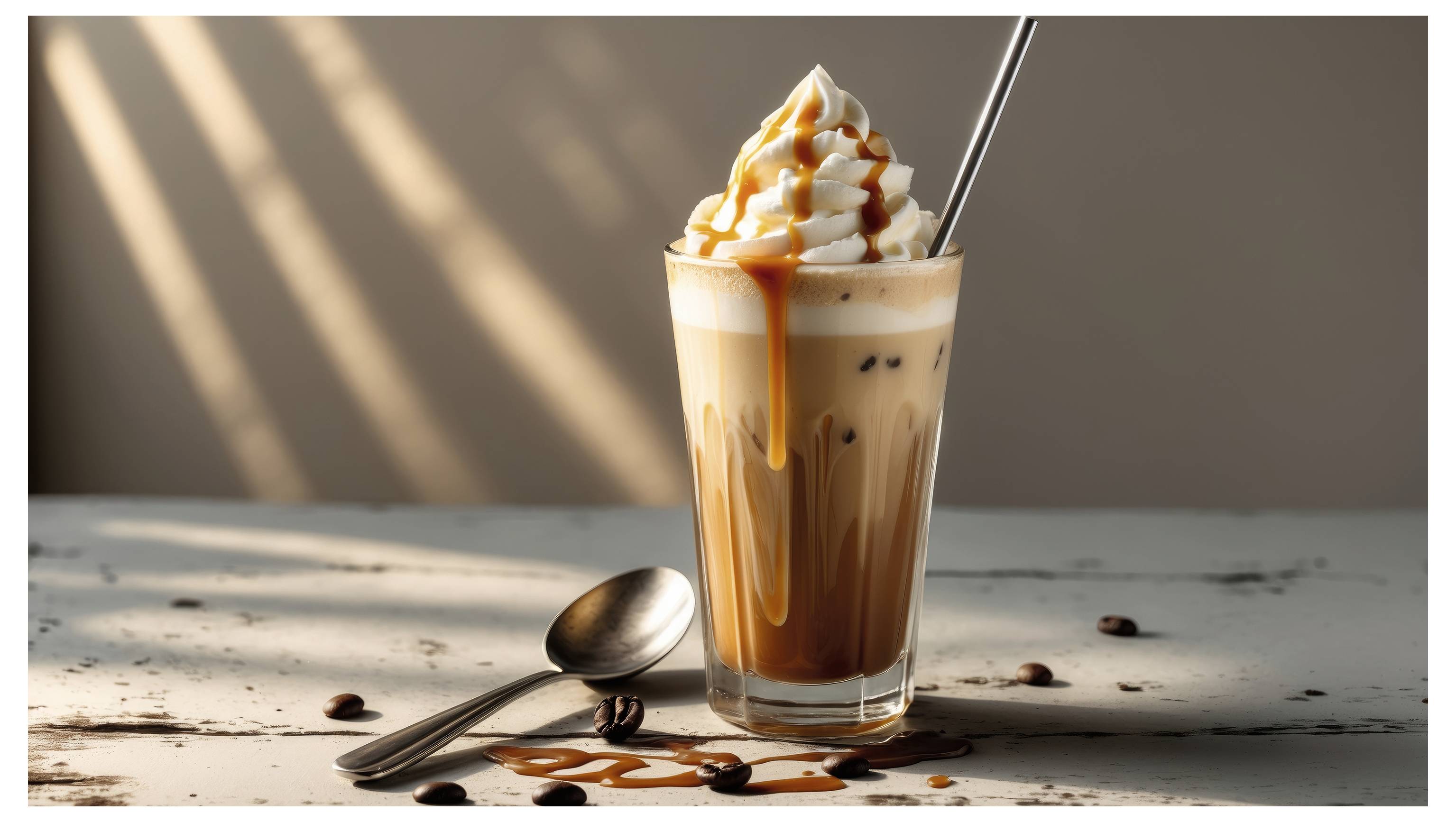 Un bicchiere di caffè freddo con panna montata e un filo di caramello si trova su un tavolo con un cucchiaio accanto. La luce del sole filtra sullo sfondo.