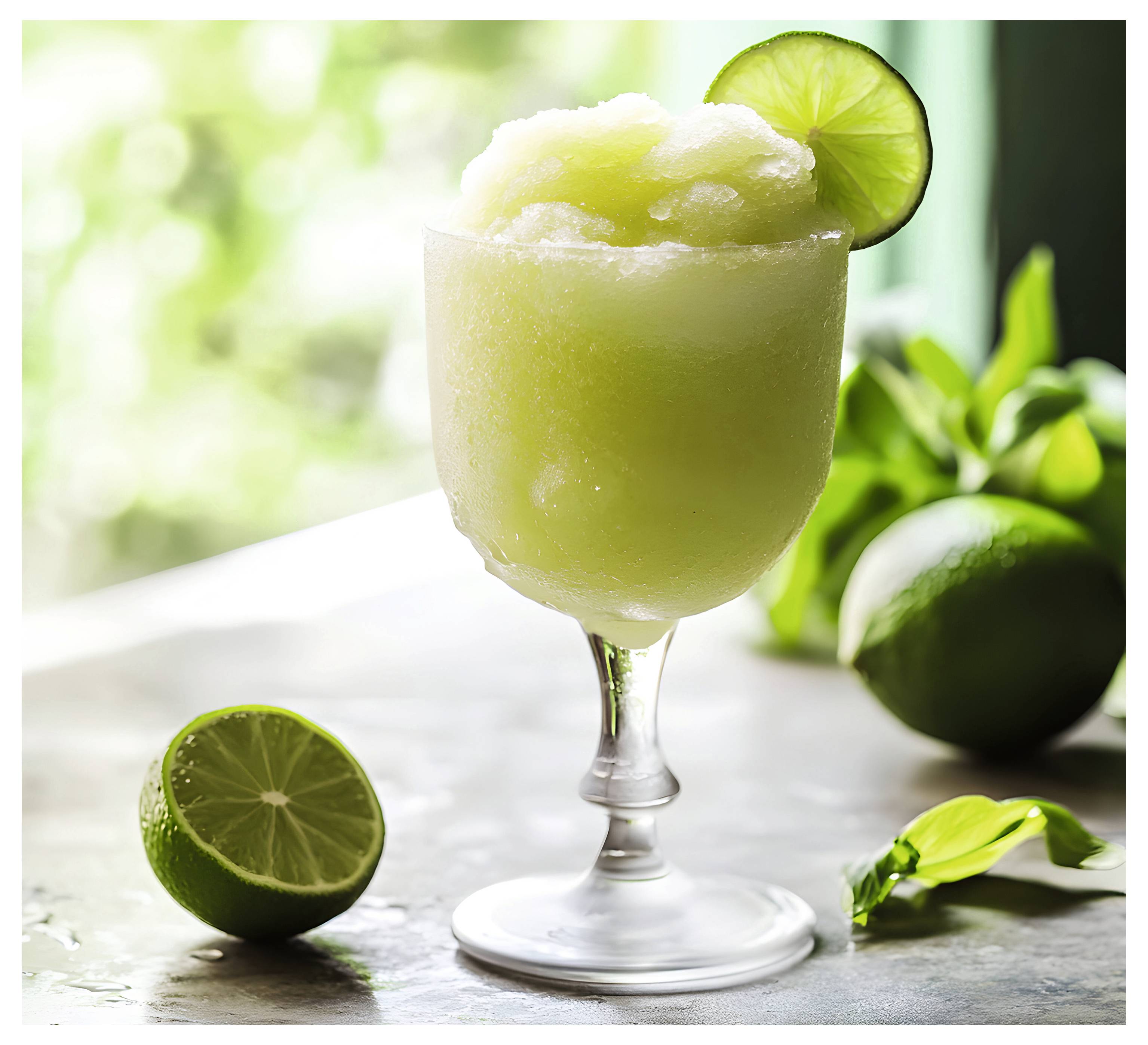 Un bicchiere di granita al lime guarnito con una fetta di lime poggia su un tavolo, con lime interi e foglie verdi sullo sfondo.