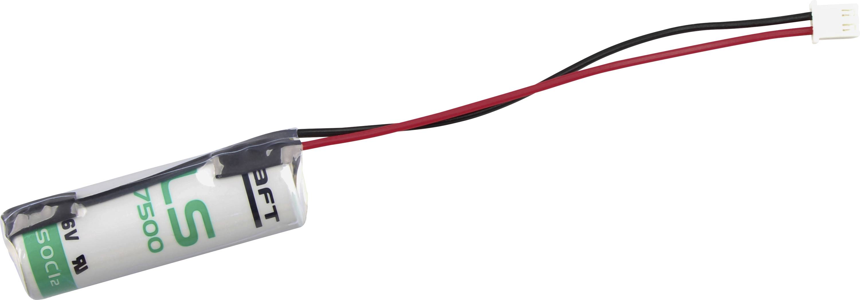 Una batteria ricaricabile 3.7V con fili rossi e neri collegati a un connettore bianco, mostrata su uno sfondo neutro.