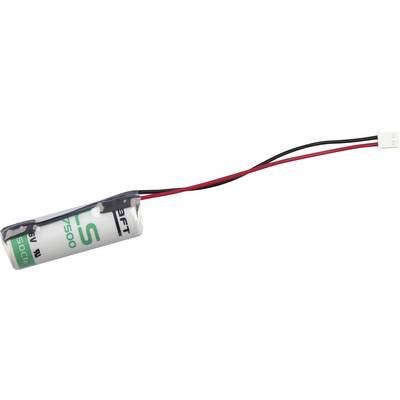 Una batteria ricaricabile 3.7V con fili rossi e neri collegati a un connettore bianco, mostrata su uno sfondo neutro.