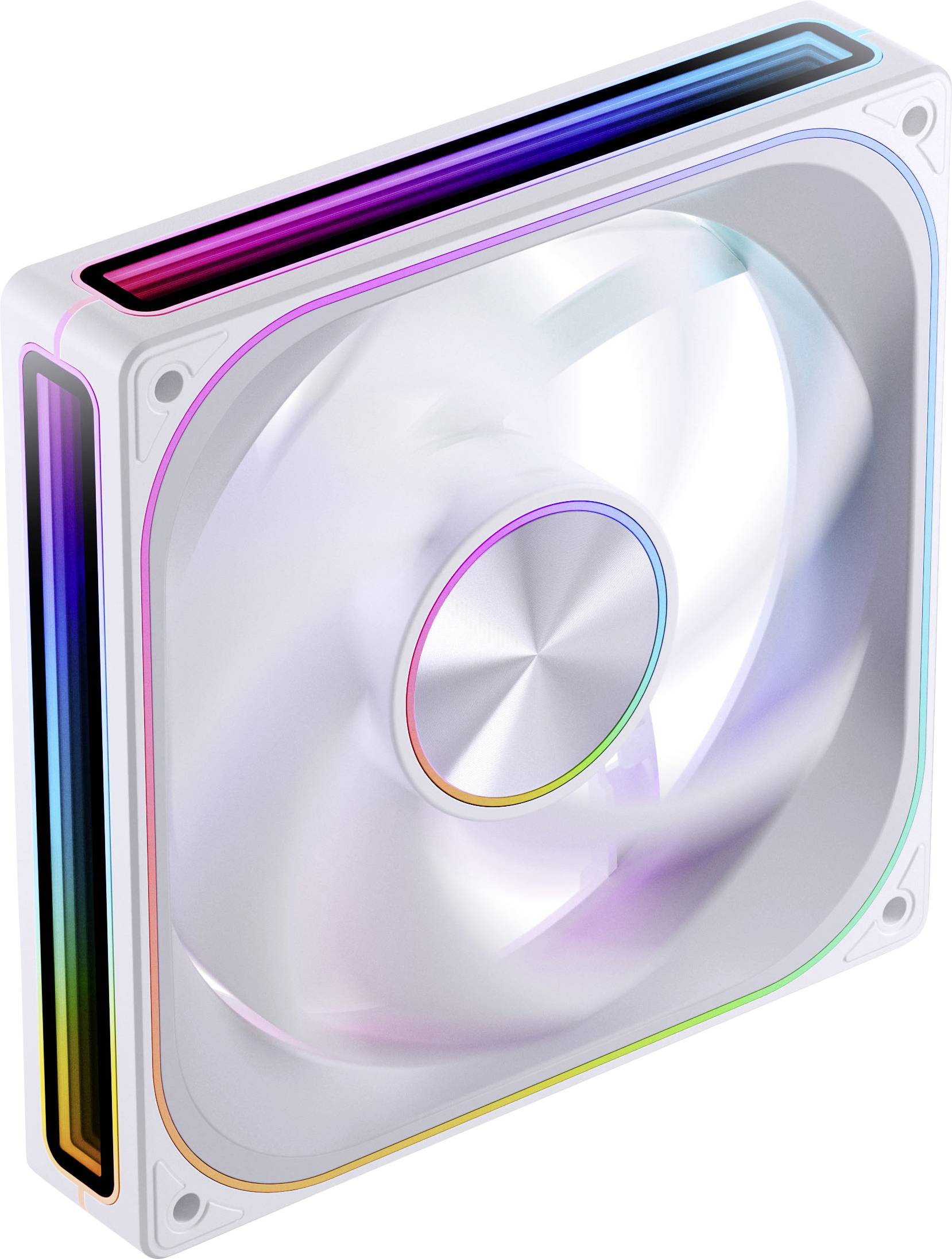 Una ventola di raffreddamento per computer bianca con illuminazione LED arcobaleno sulla cornice, vista da una leggera angolazione, che mostra le pale rotanti all'interno.
