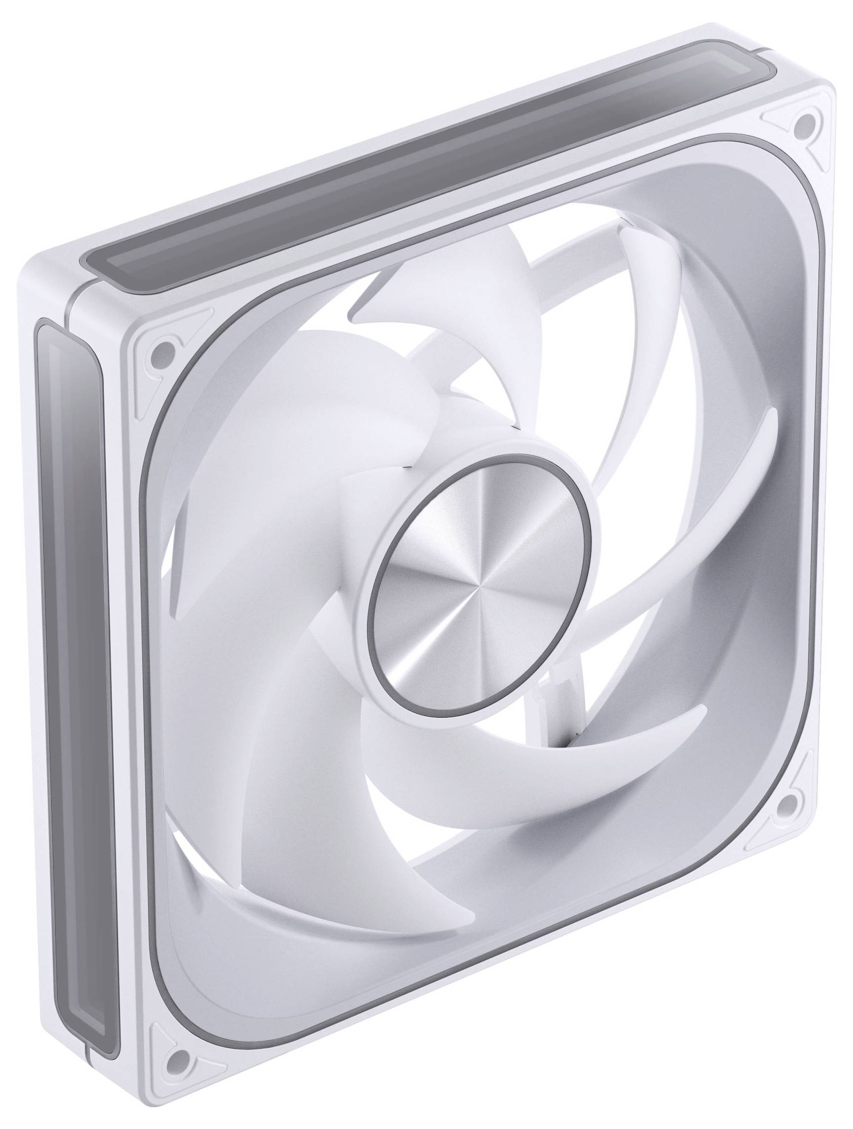 Una ventola di raffreddamento per computer bianca dal design elegante, caratterizzata da più pale e un centro metallico, vista da un'angolazione.