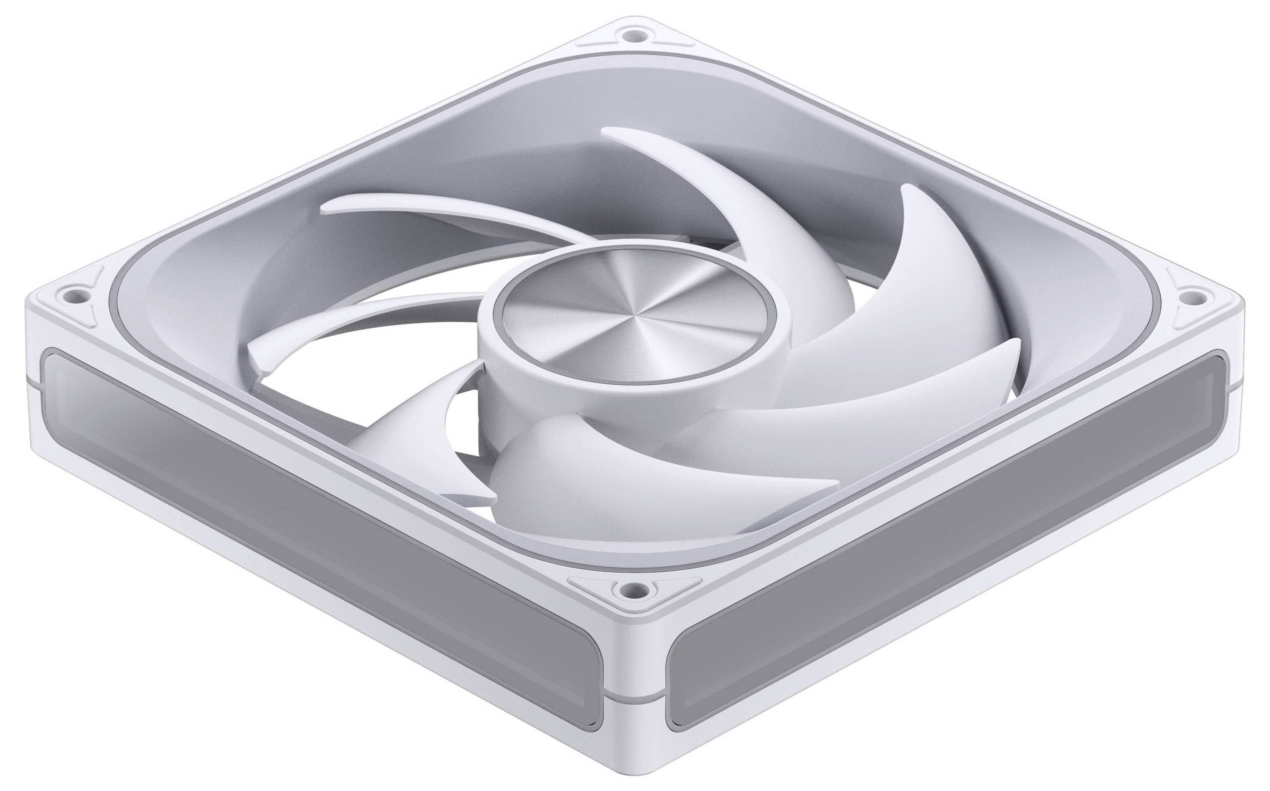 Una ventola di raffreddamento per computer di colore bianco con sette pale curve in una cornice quadrata, progettata per adattarsi all'interno di un case di computer per la ventilazione.