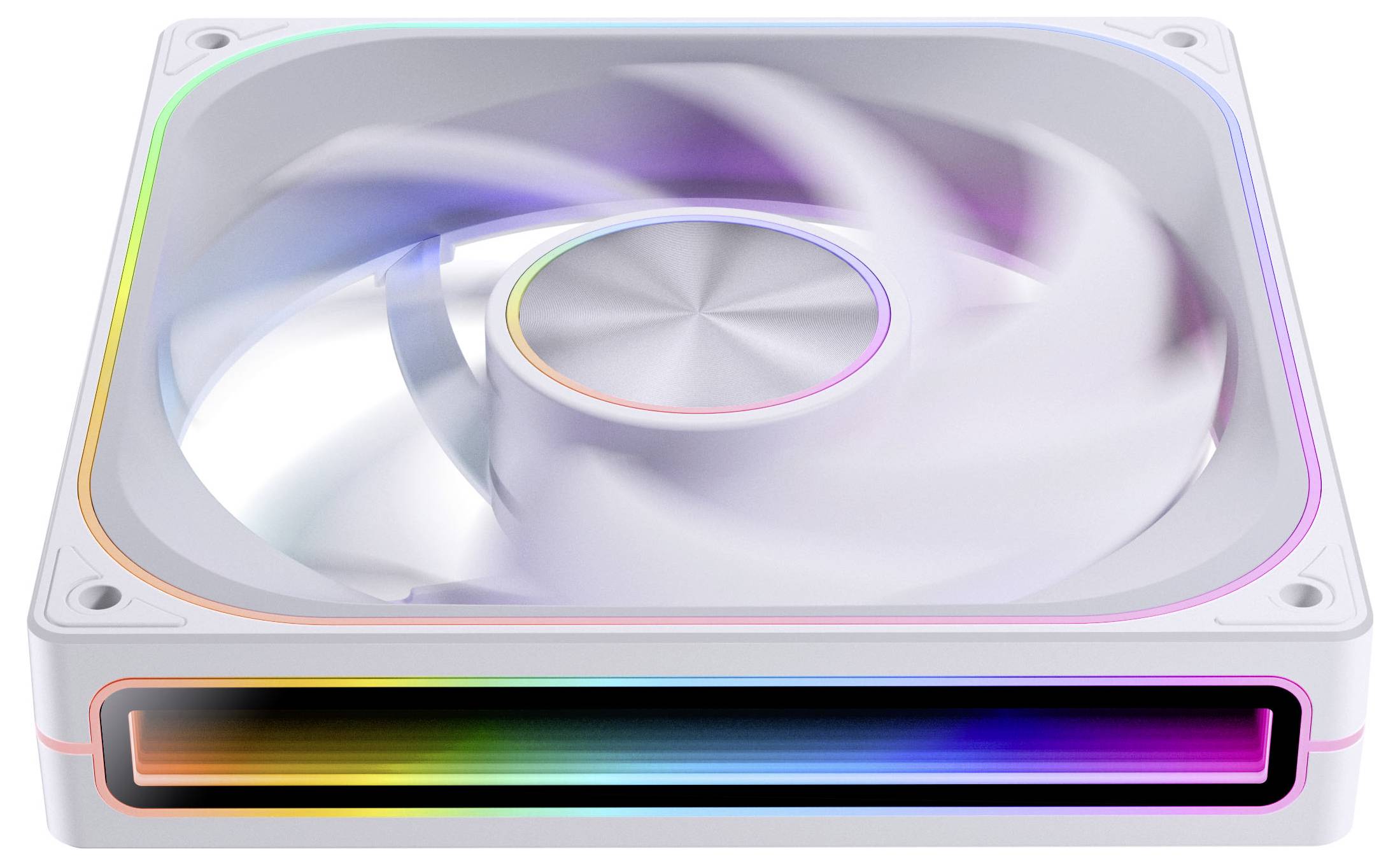Una ventola di raffreddamento per computer con illuminazione RGB, che gira ad alta velocità all'interno di un involucro quadrato bianco.