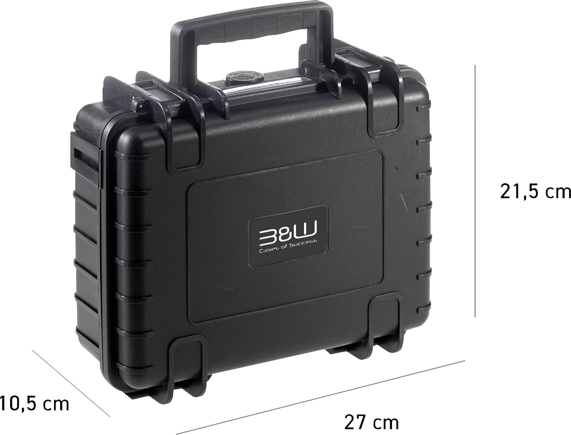Una custodia protettiva nera con misure di 21,5 cm di altezza, 27 cm di larghezza e 10,5 cm di profondità, dotata di un'impugnatura sulla parte superiore.