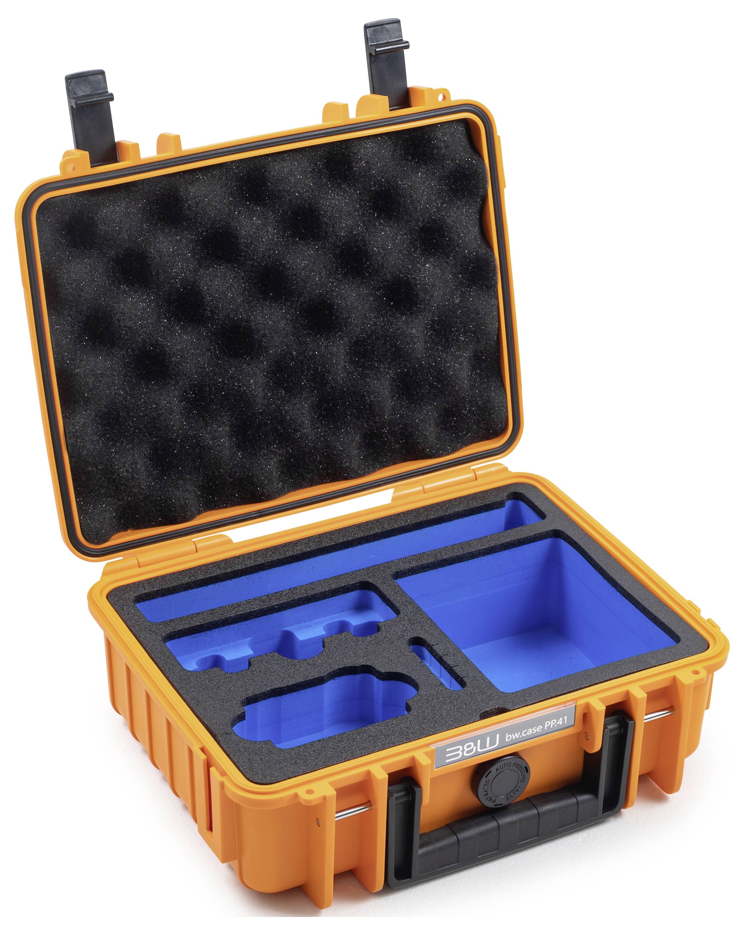 Custodia protettiva arancione aperta con imbottitura in schiuma e scomparti interni blu per riporre l'attrezzatura in sicurezza.