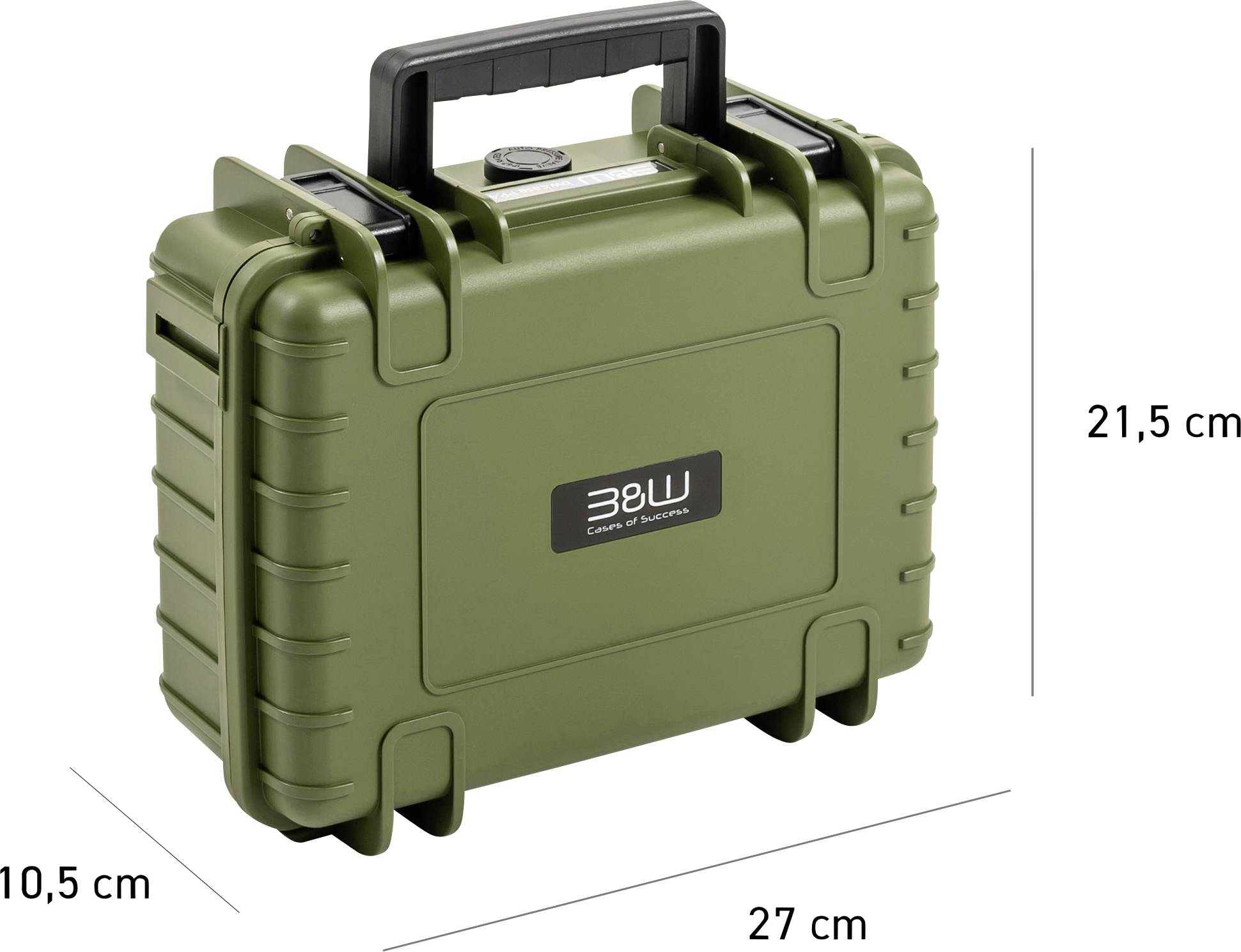 Una custodia protettiva verde con dimensioni etichettate come 21,5 cm di altezza, 27 cm di larghezza e 10,5 cm di profondità, dotata di un manico di trasporto nero.