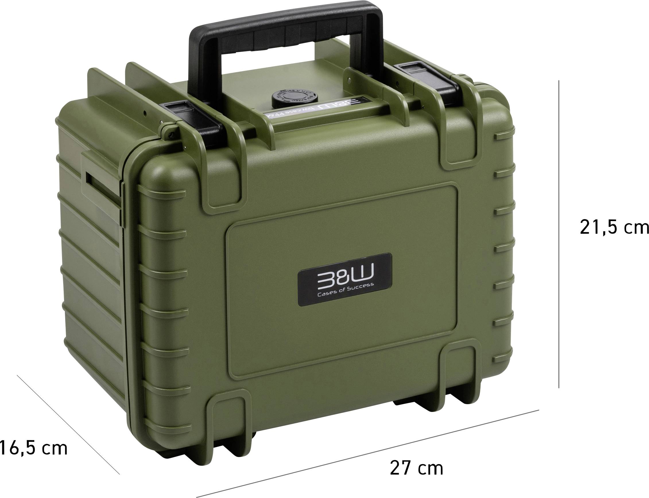 Una custodia protettiva a guscio rigido di colore verde con maniglia sulla parte superiore, etichettata '38W', con dimensioni di 27 cm di larghezza, 21,5 cm di altezza e 16,5 cm di profondità.