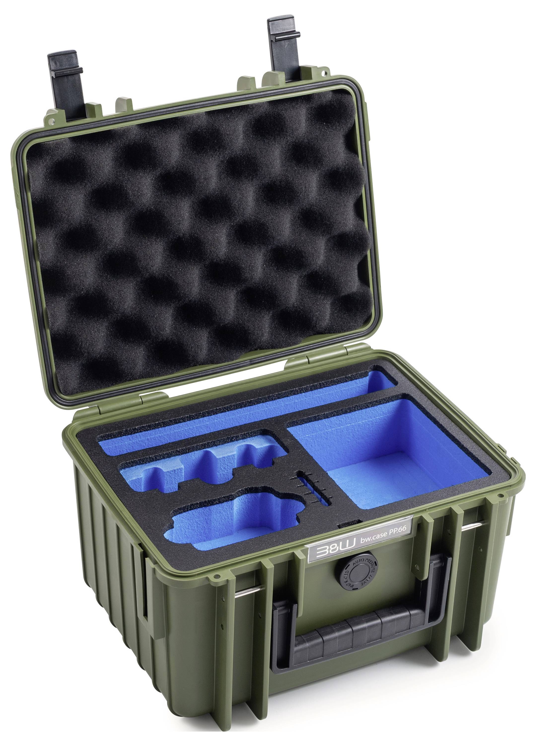 Un involucro protettivo aperto di colore verde oliva con un coperchio rivestito di schiuma nera e un inserto in schiuma personalizzato blu, progettato per contenere e proteggere le apparecchiature in modo sicuro.