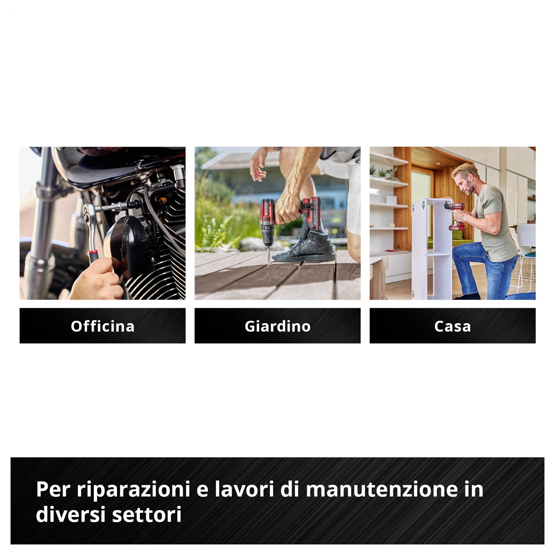 Tre immagini: 'Officina' con motocicletta; 'Giardino' con donna che lavora; 'Casa' con uomo che fora. Testo: 'Per riparazioni e lavori di manutenzione in vari settori'.