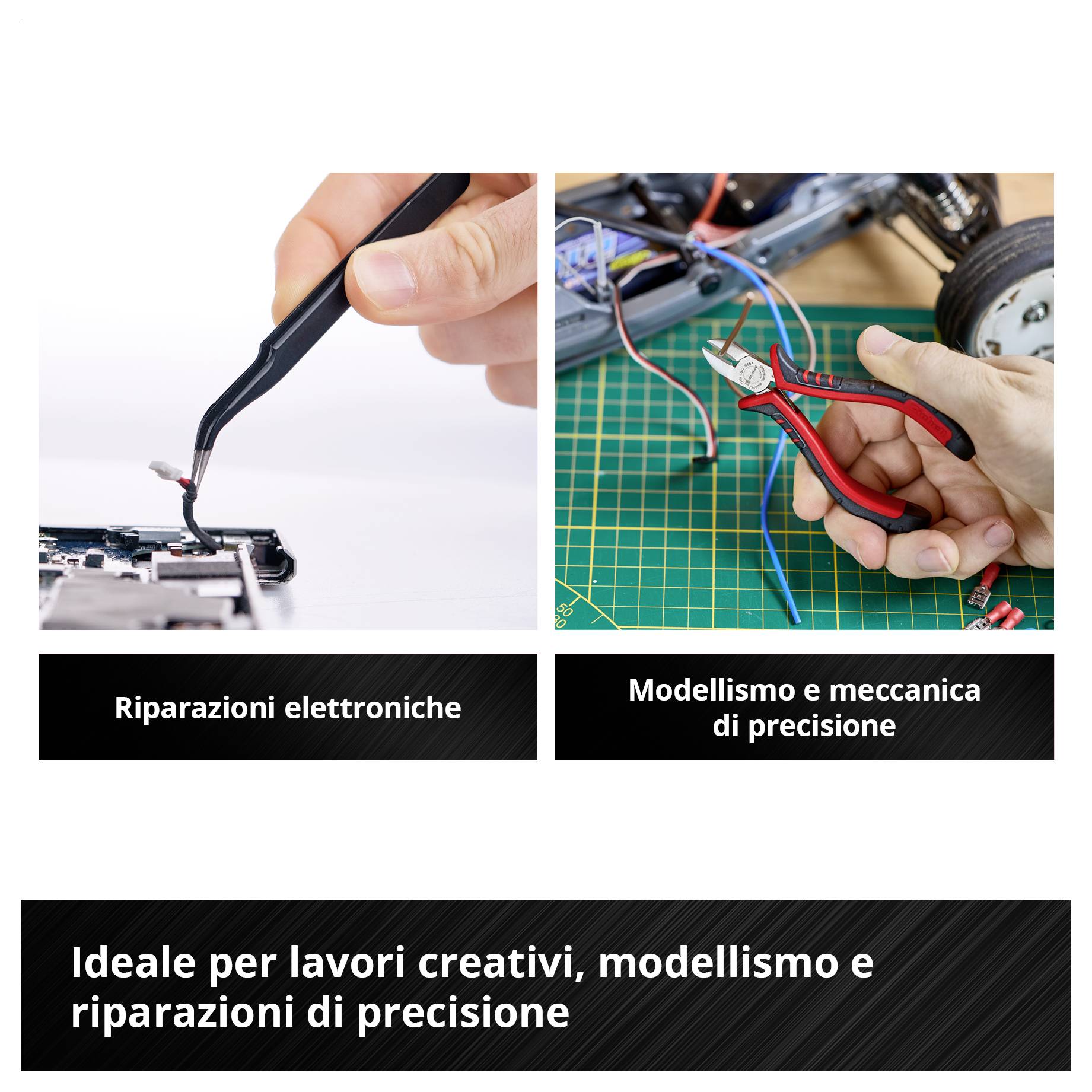 "Set di strumenti" su sfondo nero. In alto: "Livella magnetica ad acqua", "Metro a nastro". In basso: "Coltello con lama staccabile", "Forbici", "Pinza per pompa dell'acqua". Gli strumenti rossi sono disposti.