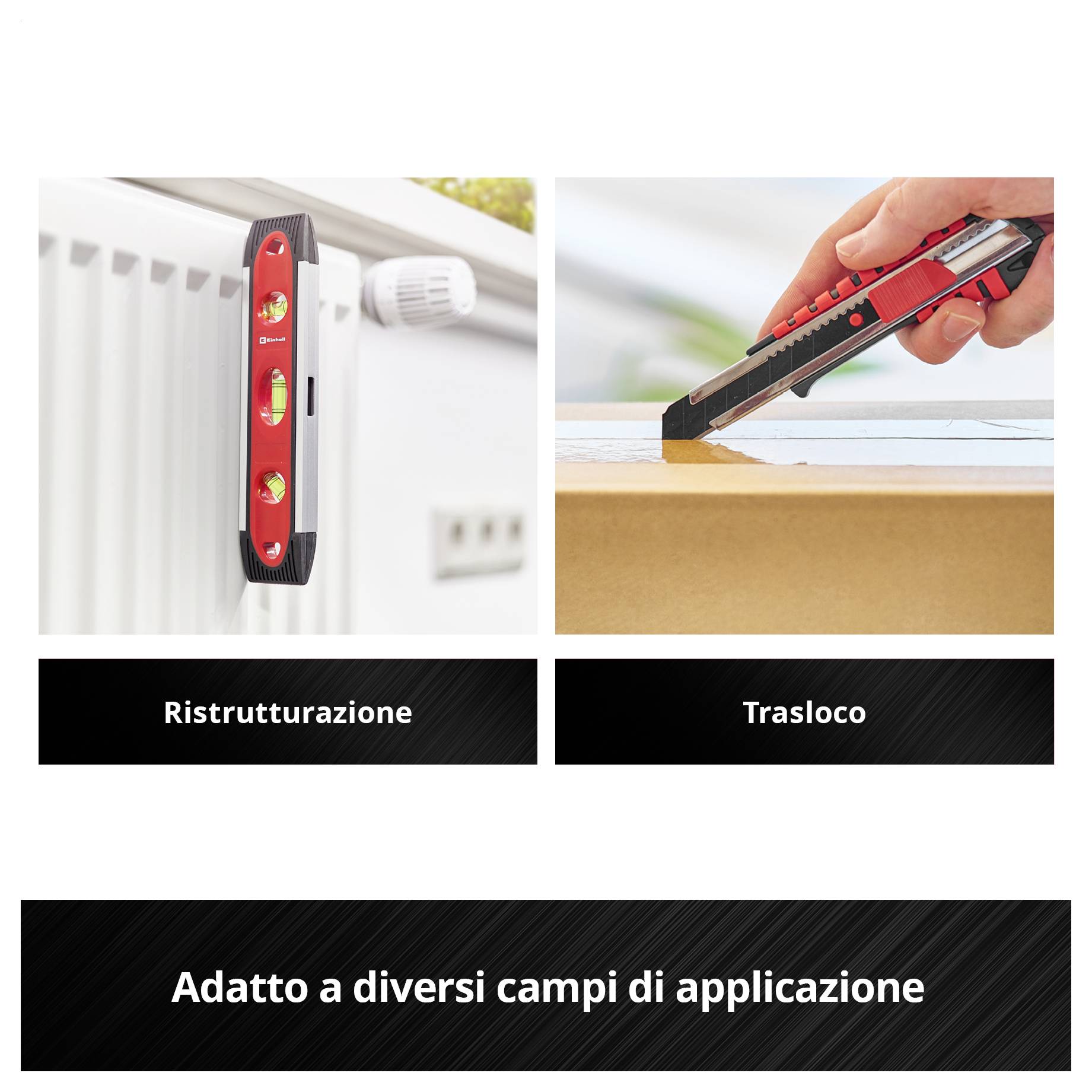 Due immagini: a sinistra un livella su un termosifone, a destra un taglierino che taglia il cartone. Testo: 'Adatto per vari ambiti di utilizzo'.