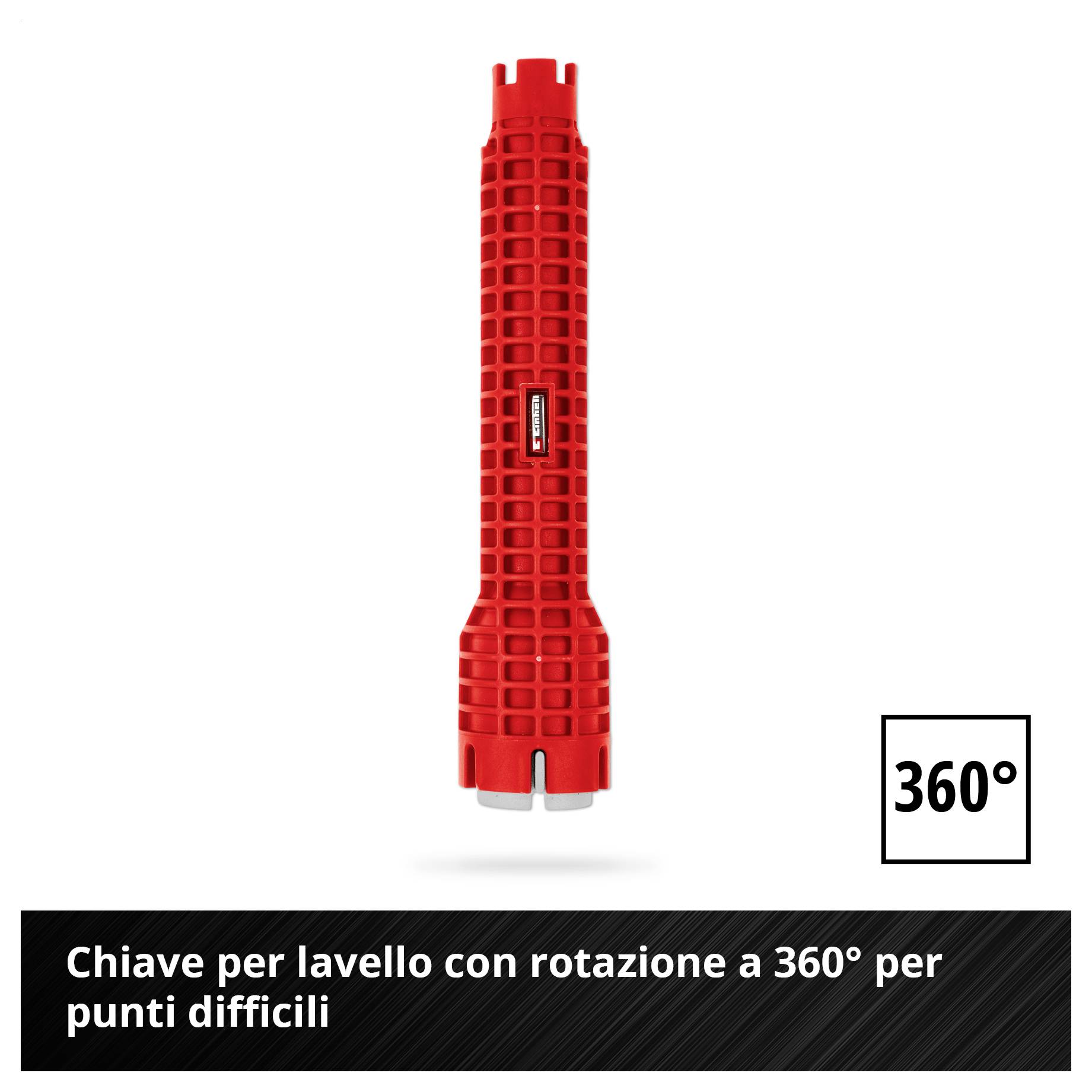 'Chiave per lavello con funzione di rotazione a 360° per punti difficili da raggiungere.' Uno strumento rosso con impugnatura zigrinata.