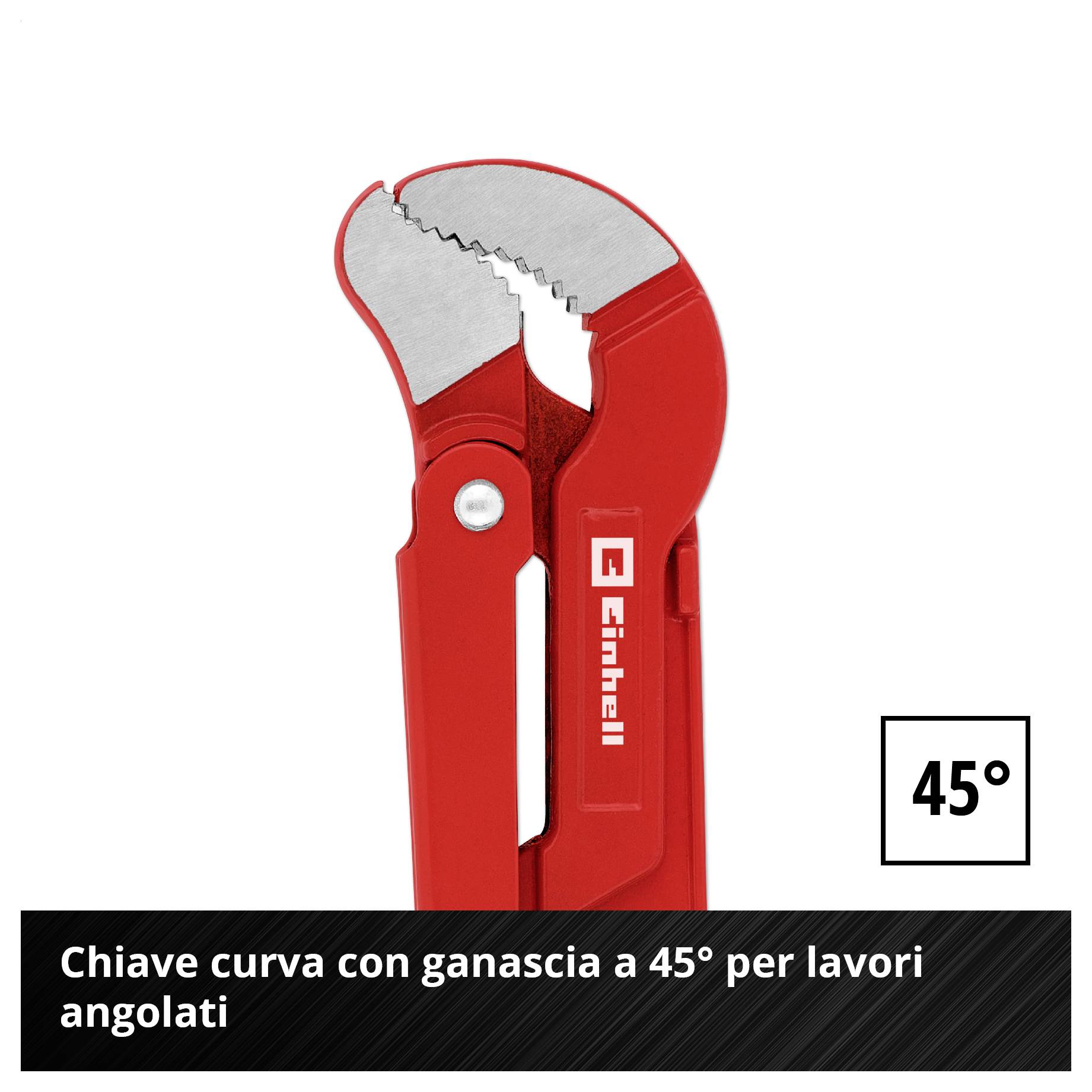 Pinza angolare rossa con forma di bocca a 45°, adatta per un lavoro potente in angolo.