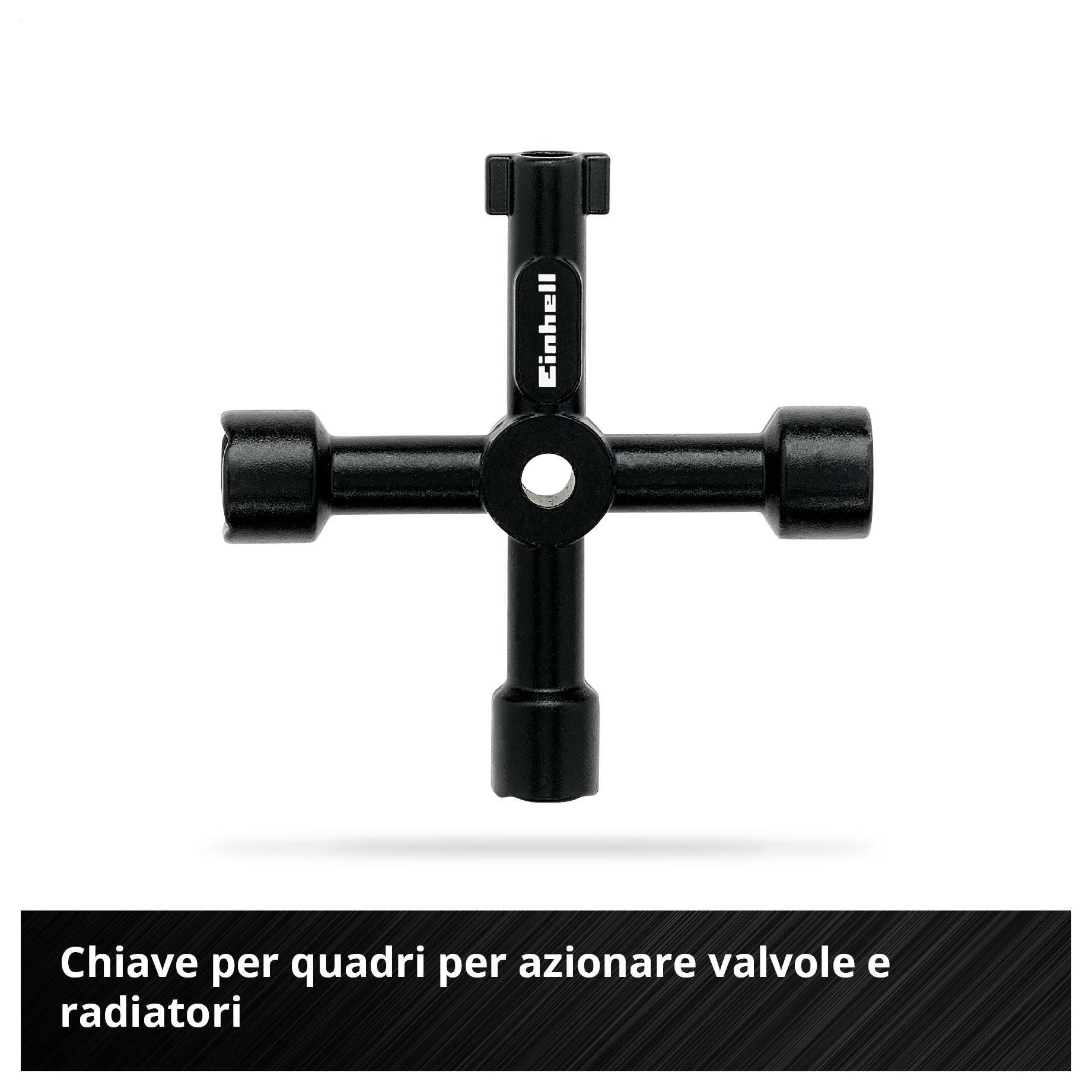 'Chiave per armadio di distribuzione per il funzionamento di armature e radiatori', strumento a croce nero con quattro chiavi.