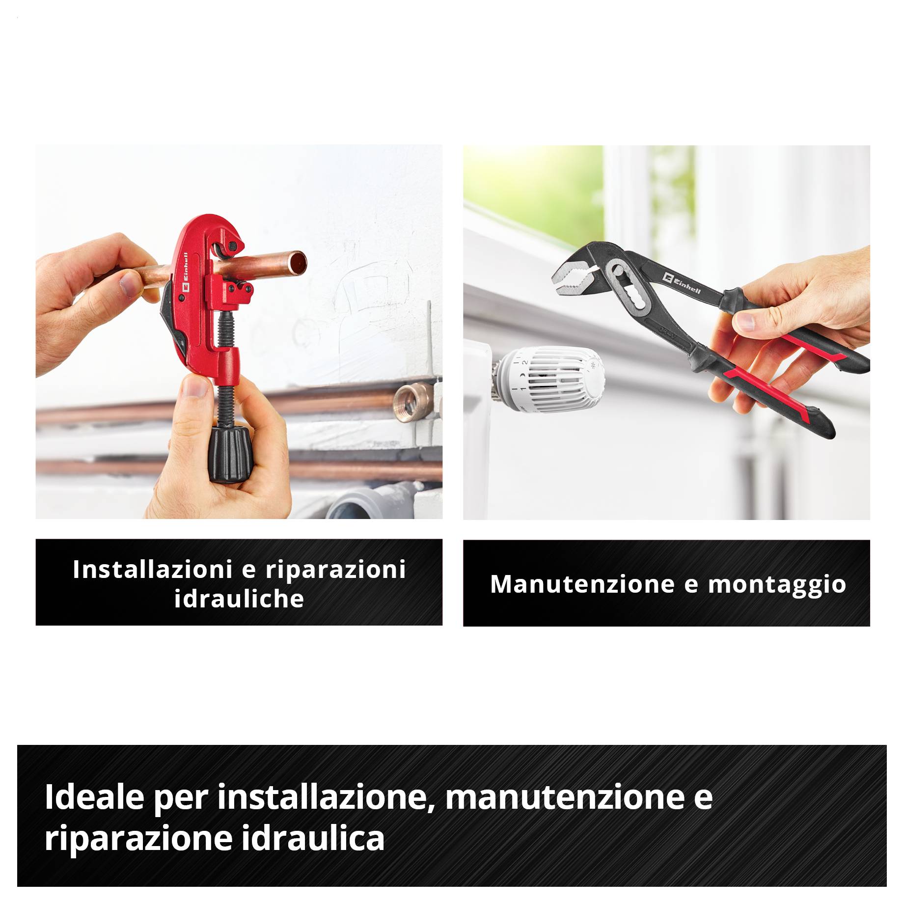 "Installazioni e riparazioni idrauliche" mostra una persona che taglia un tubo; "Manutenzione e montaggio" mostra attrezzi su una valvola del radiatore.