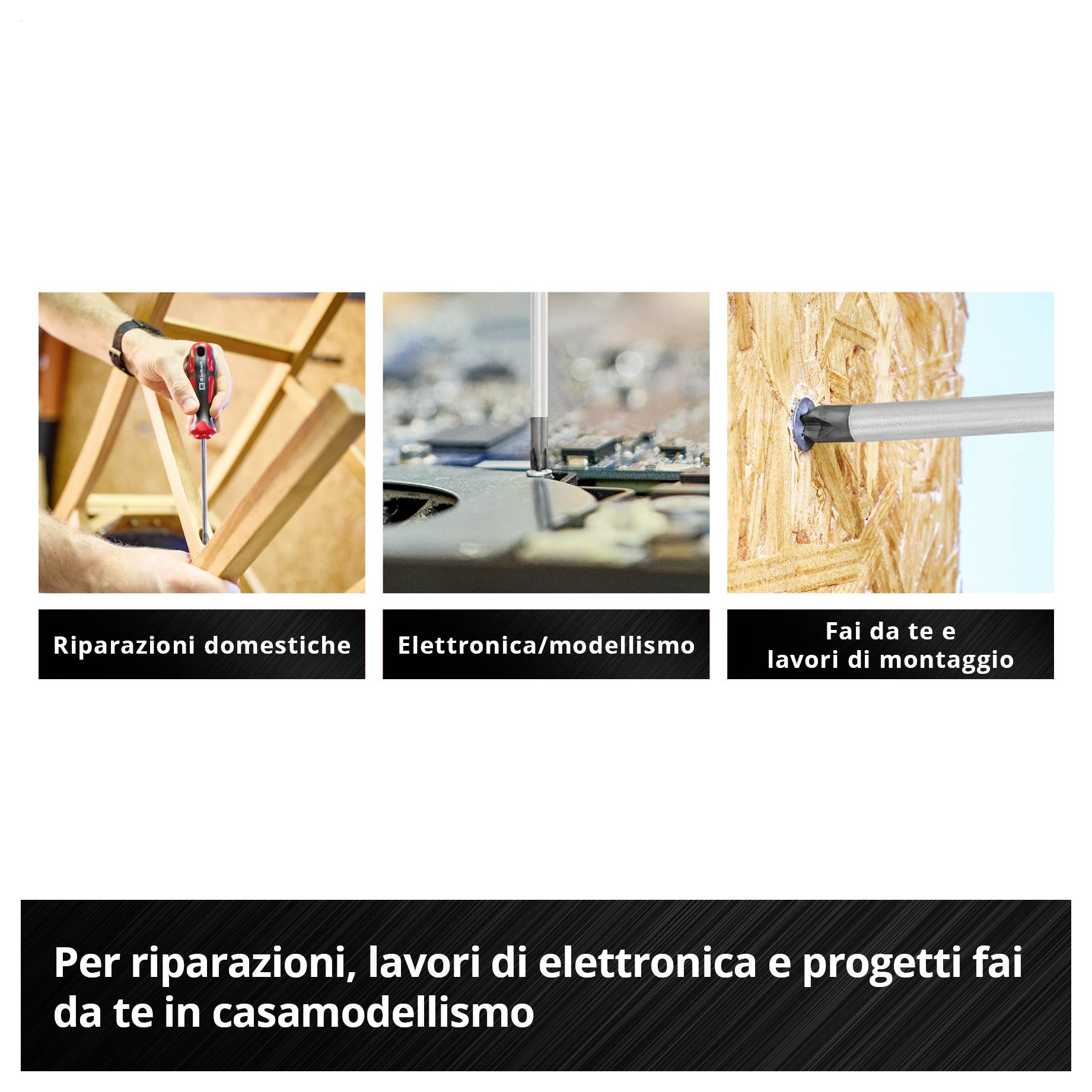 'Tre immagini mostrano lavori di fai da te: riparazioni domestiche, elettronica/modellismo, lavori di fai da te e montaggio per riparazioni in casa.'