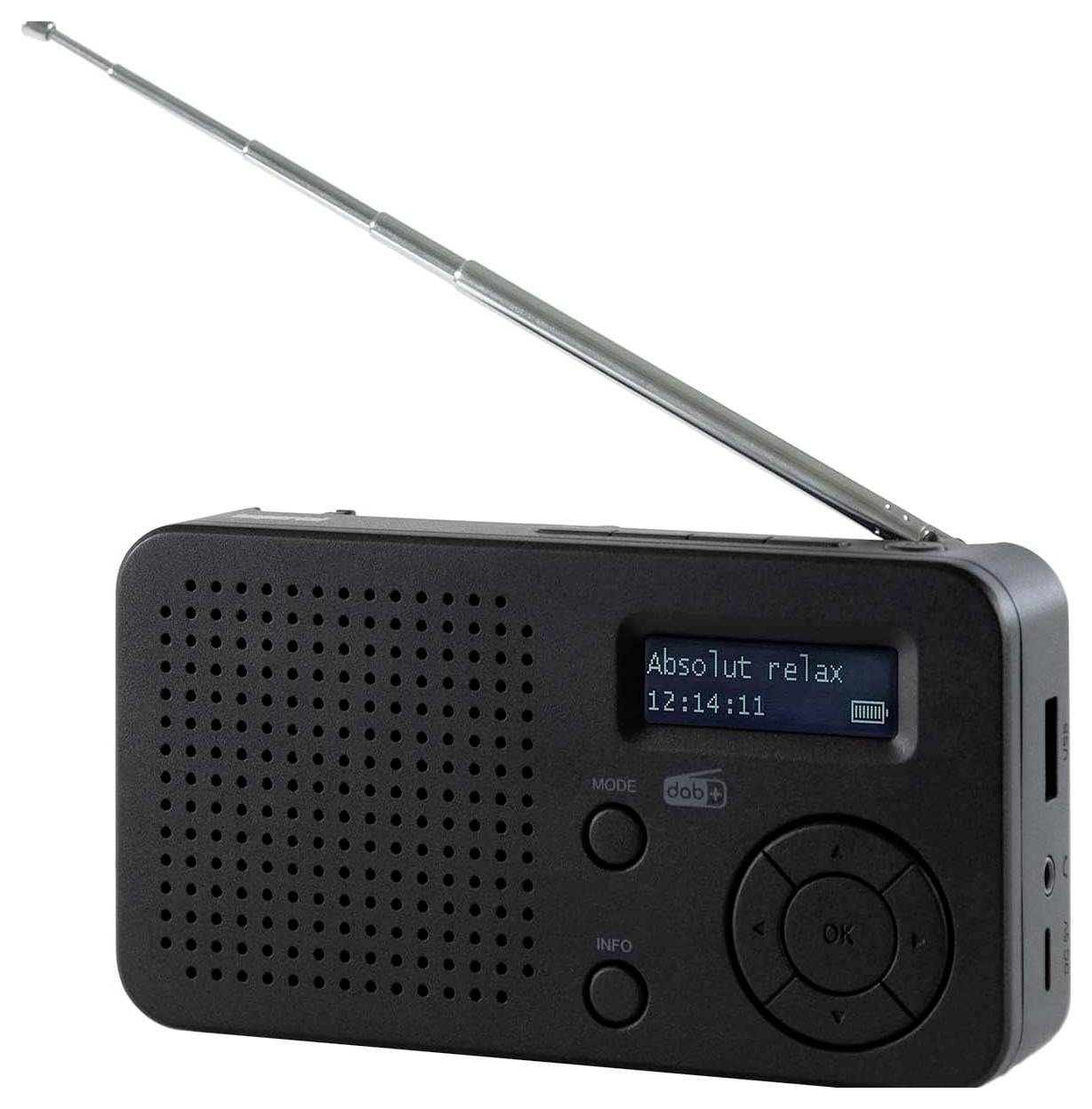 Una piccola radio portatile nera con antenna estesa. Il display mostra "Absolut relax" con l'ora 12:14:11, con pulsanti di controllo sottostanti.
