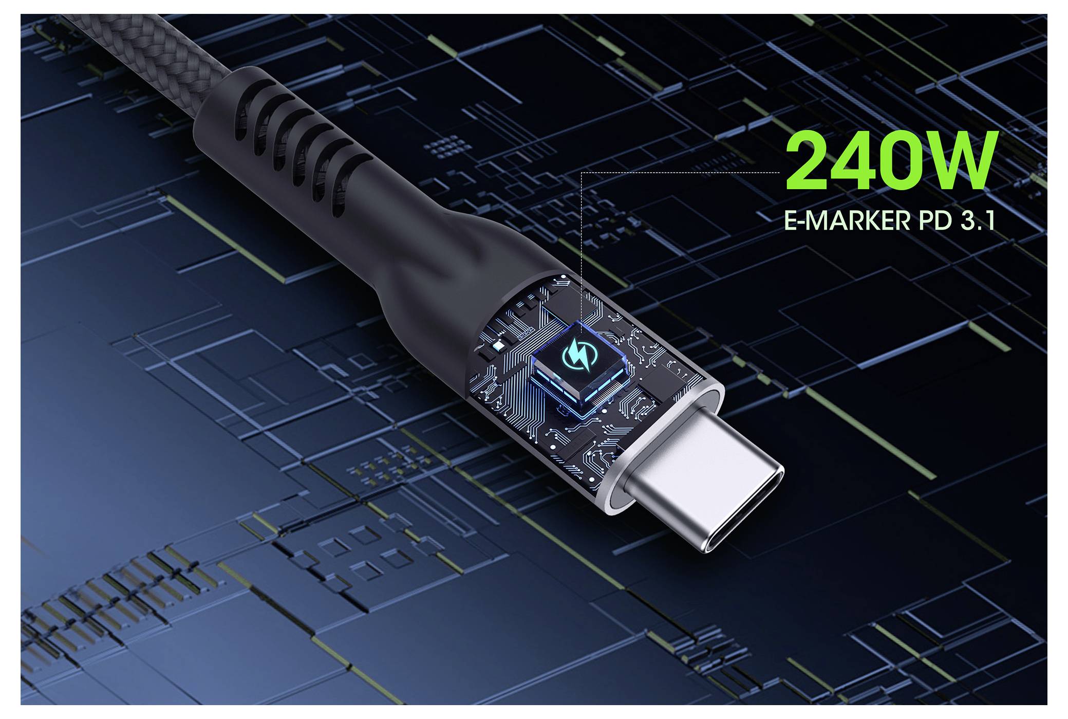 Un cavo USB-C con connettore trasparente che mostra circuiti integrati, etichettato "240W E-Marker PD 3.1", su uno sfondo a tema tecnologico.
