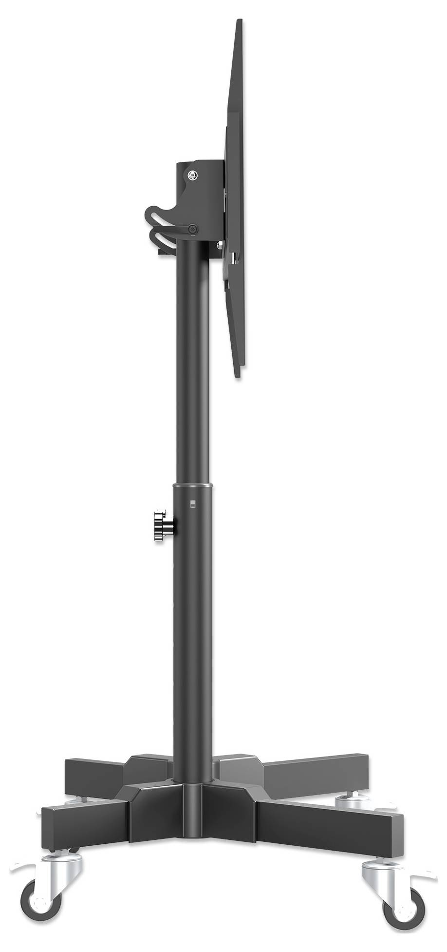 Un supporto per monitor nero su ruote con altezza verticale regolabile dotato di quattro ruote alla base, adatto per esigenze di display mobile.