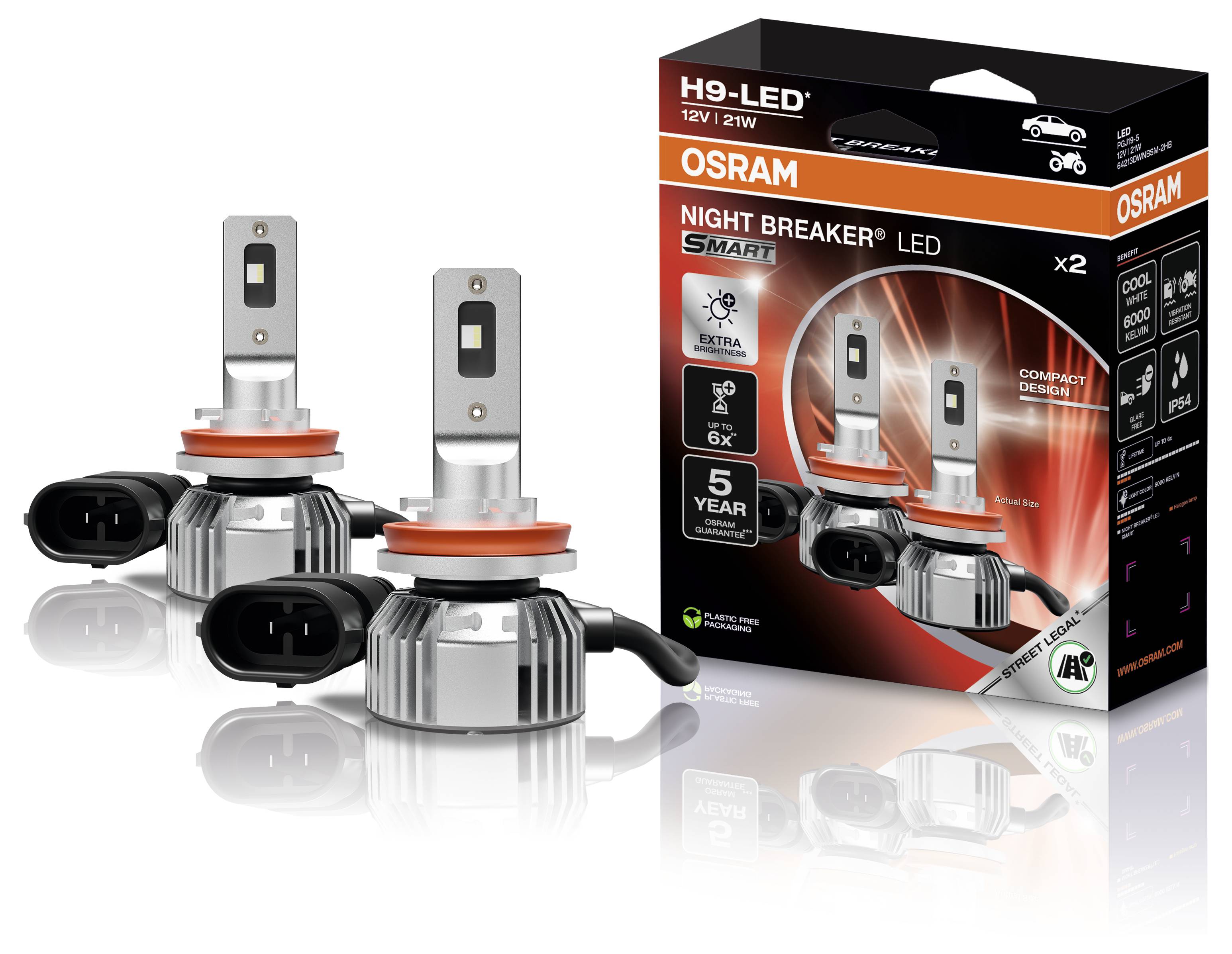 Confezione di lampadine LED Osram Night Breaker con due lampadine. Evidenzia caratteristiche come luce bianca fredda, luminosità fino a 6 volte superiore e garanzia di 5 anni.