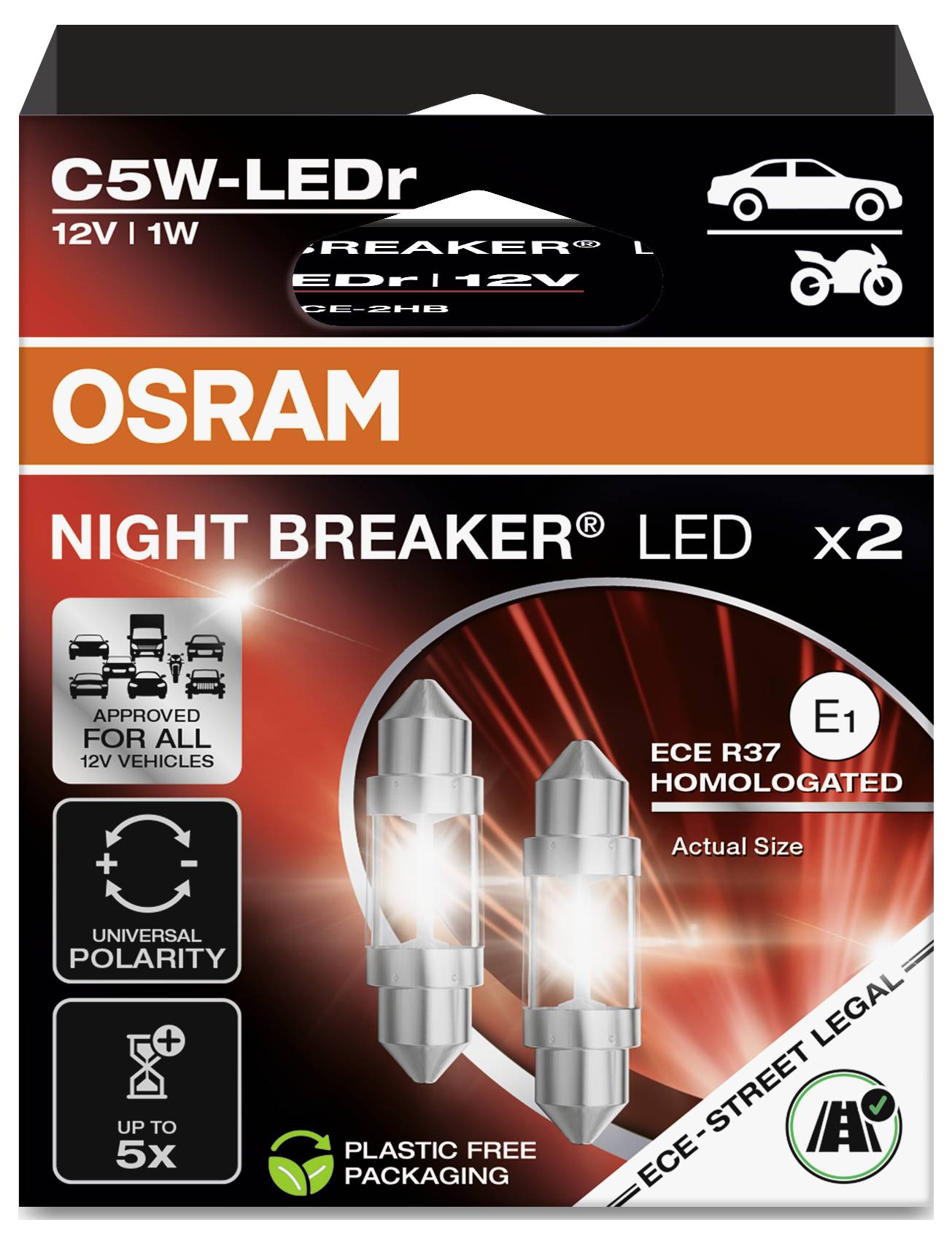 'Lampadine LED OSRAM Night Breaker, C5W-LED, 12V/1W, due lampadine per veicoli. Omologate ECE R37, polarità universale, confezione senza plastica.'