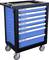 Un mobile portautensili con sei cassetti blu, pannelli laterali forati e quattro ruote per un facile movimento.
