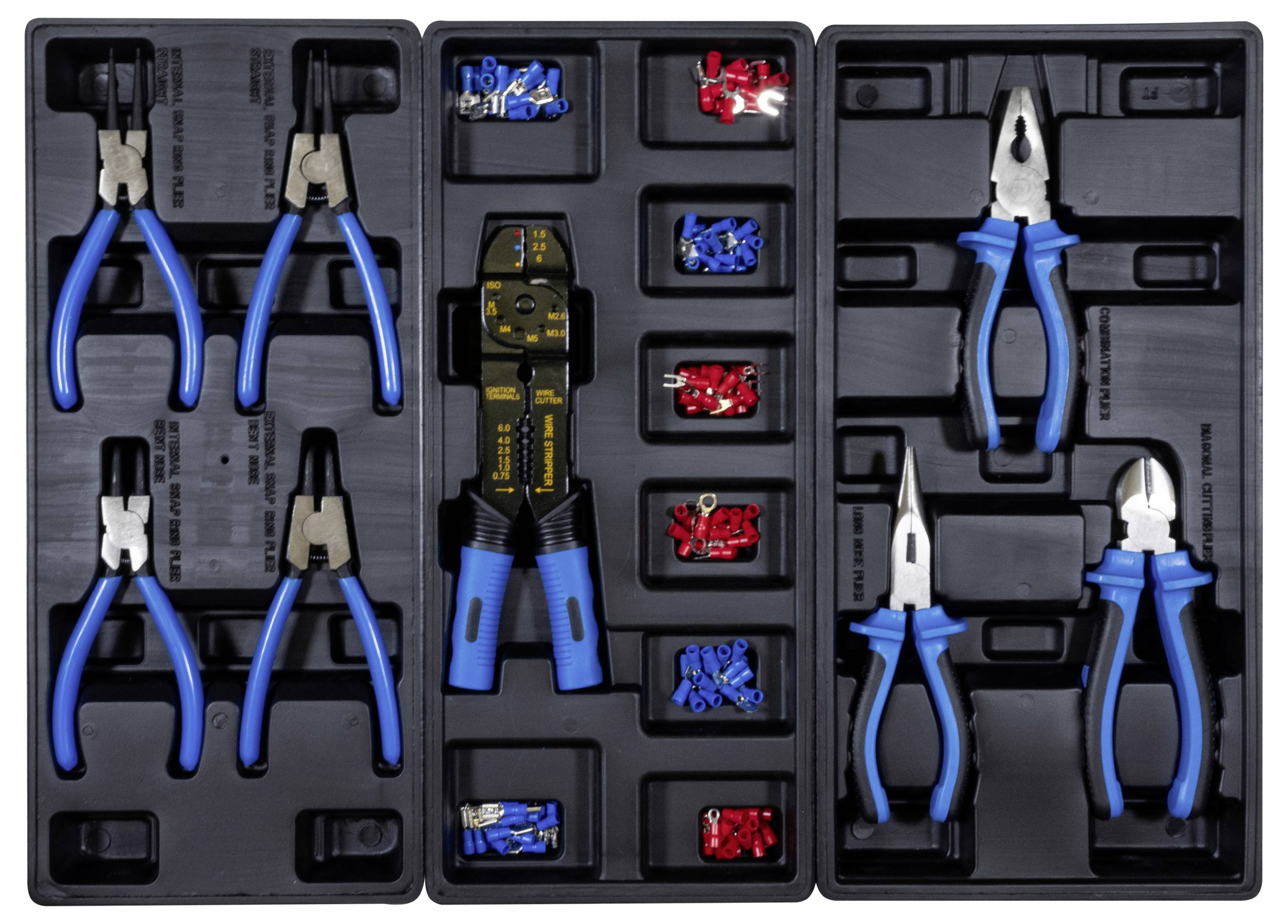 Un set di attrezzi con vari cacciaviti a becco and uno spelafili, organizzati in una custodia. Sono inclusi connettori terminali blu e rossi.