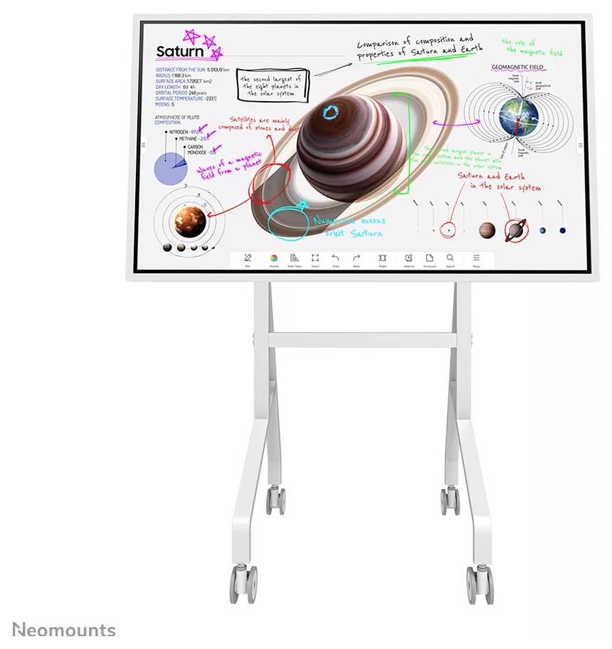 Presentazione interattiva su uno schermo che mostra Saturno, con note sulla sua composizione e proprietà confrontate con la Terra, con diagrammi.