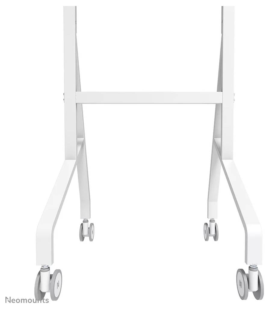 Un supporto mobile bianco con quattro piccole ruote, progettato per facilitare il movimento e la stabilità.