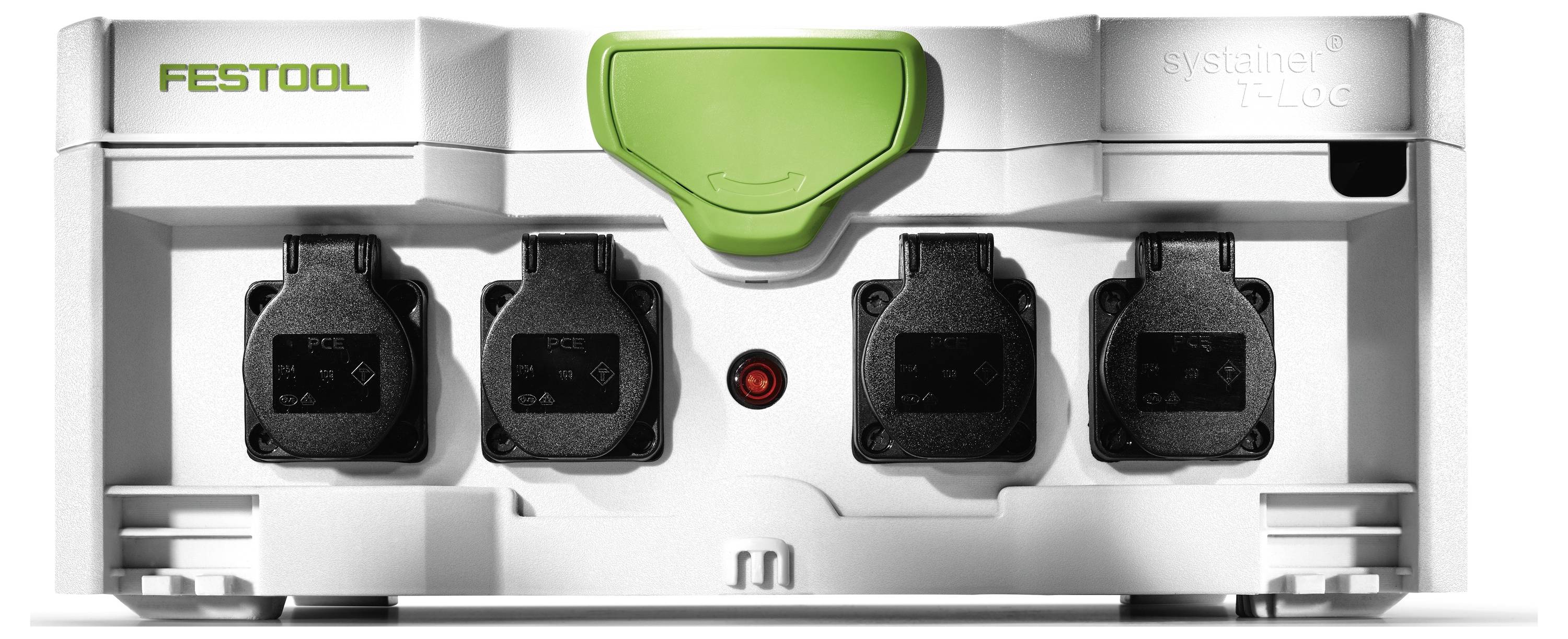 'Un Festool Systainer bianco con una maniglia verde, dotato di multiple prese di corrente e una spia rossa indicatrice sul pannello anteriore.'