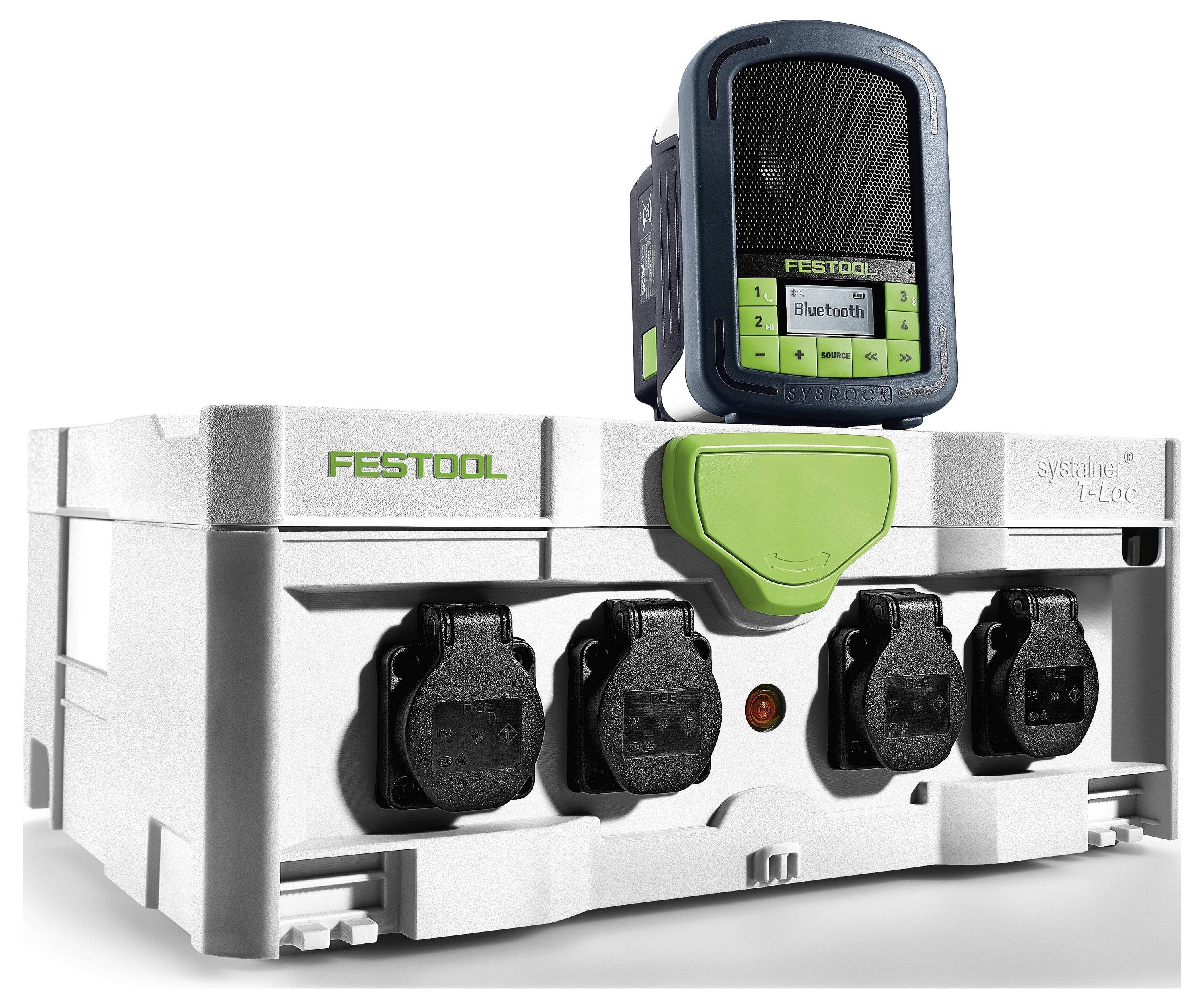 Organizzatore di attrezzi con marchio 'Festool' con più prese di corrente e un piccolo altoparlante in alto.