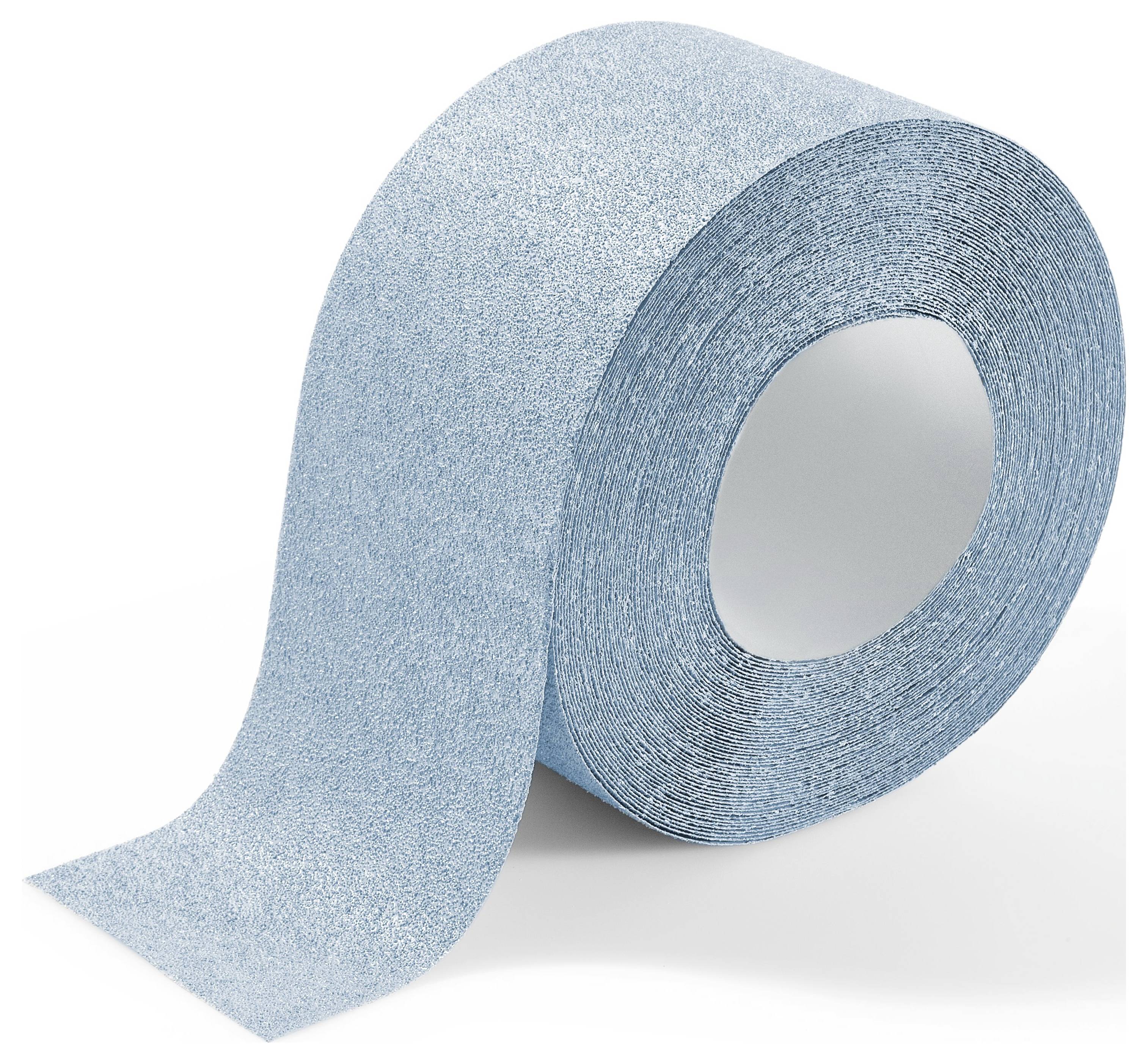 Un rotolo di carta vetrata blu chiaro che si svolge, mostrando una superficie abrasiva texture, utilizzata per levigare superfici nell'edilizia o nei lavori artigianali.
