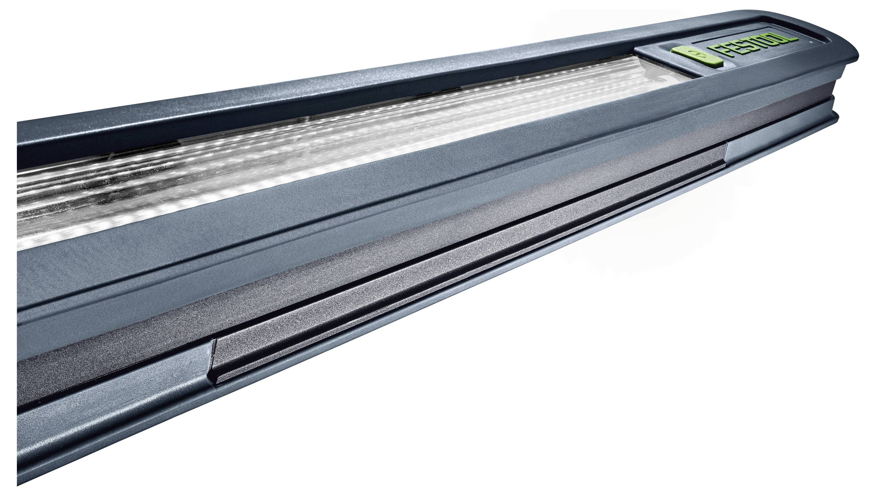 Un primo piano di un apparecchio di illuminazione LED rettangolare blu con una superficie strutturata e un logo del marchio visibile nell'angolo superiore destro.