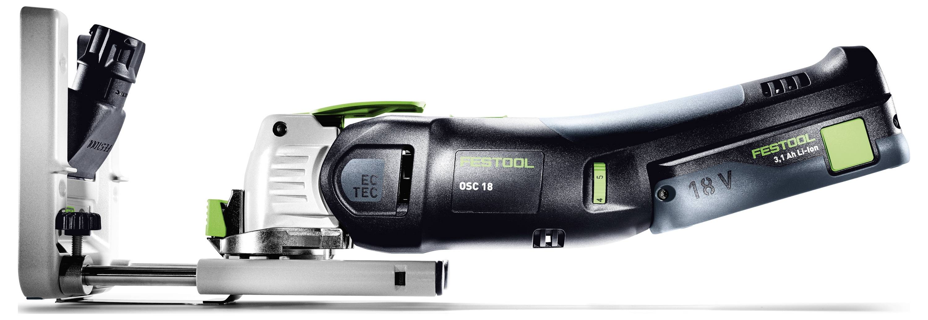 Uno strumento di taglio alimentato a batteria Festool DSC 18V Li EB-Plus, mostrato di lato, che evidenzia il suo design elegante e l'estrazione della polvere staccabile.