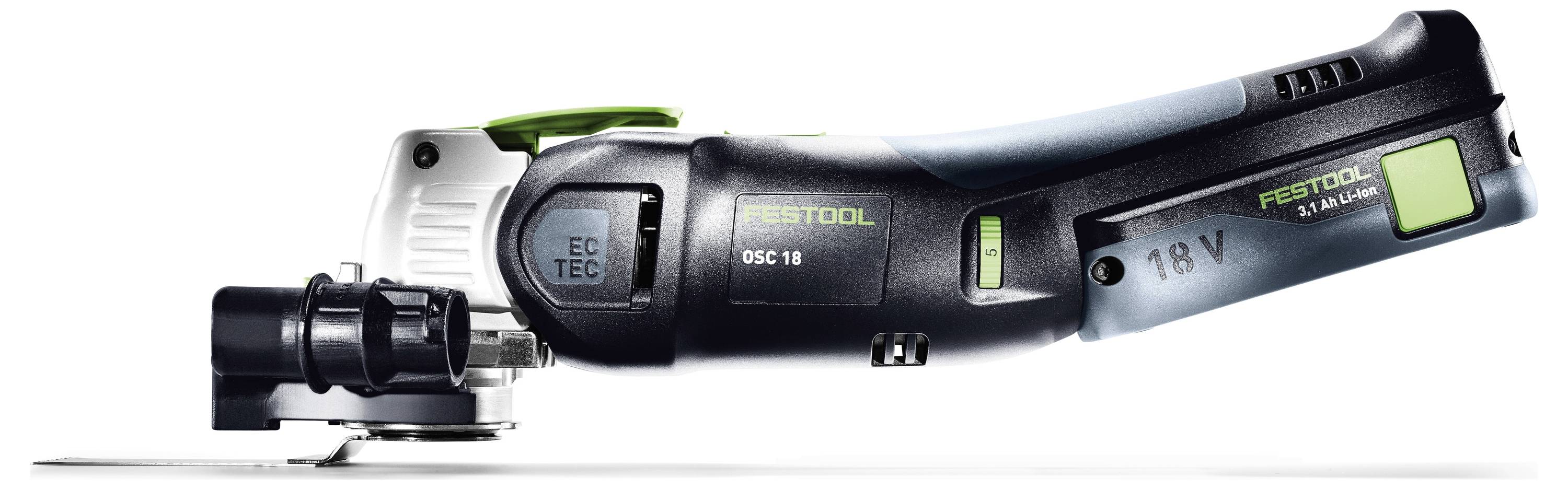Un multiutensile oscillante Festool DSC 18 con marchio visibile '18 V' e 'FESTOOL', progettato per attività di taglio e levigatura di precisione.