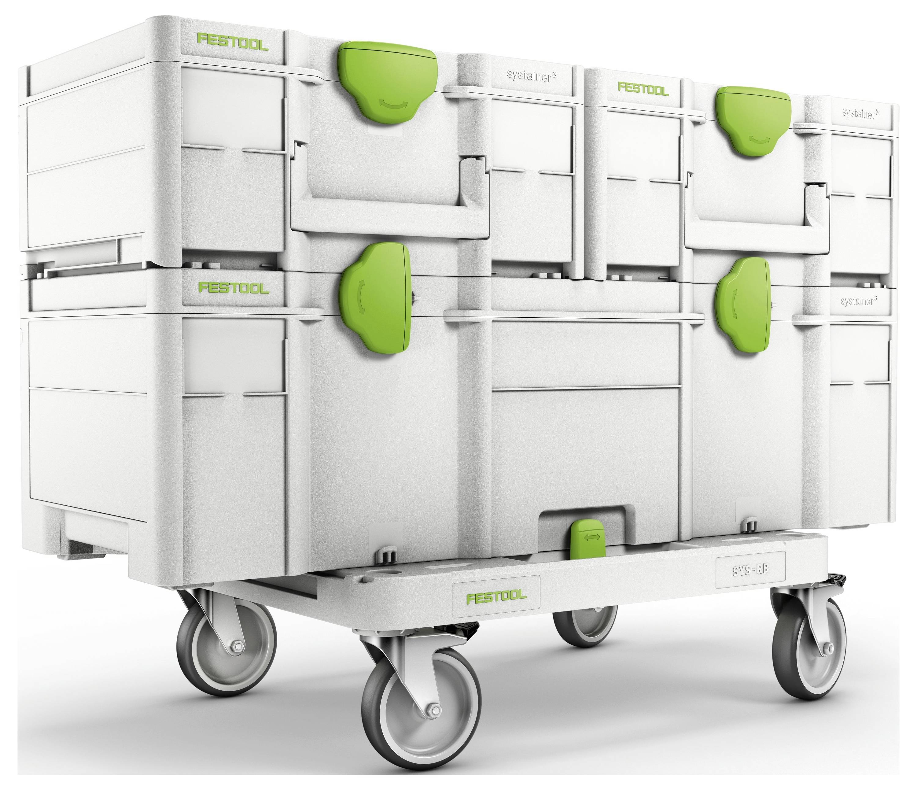 Un set di contenitori per attrezzi bianchi e verdi impilabili su un carrello con ruote, progettato per l'organizzazione e il trasporto facile degli attrezzi.