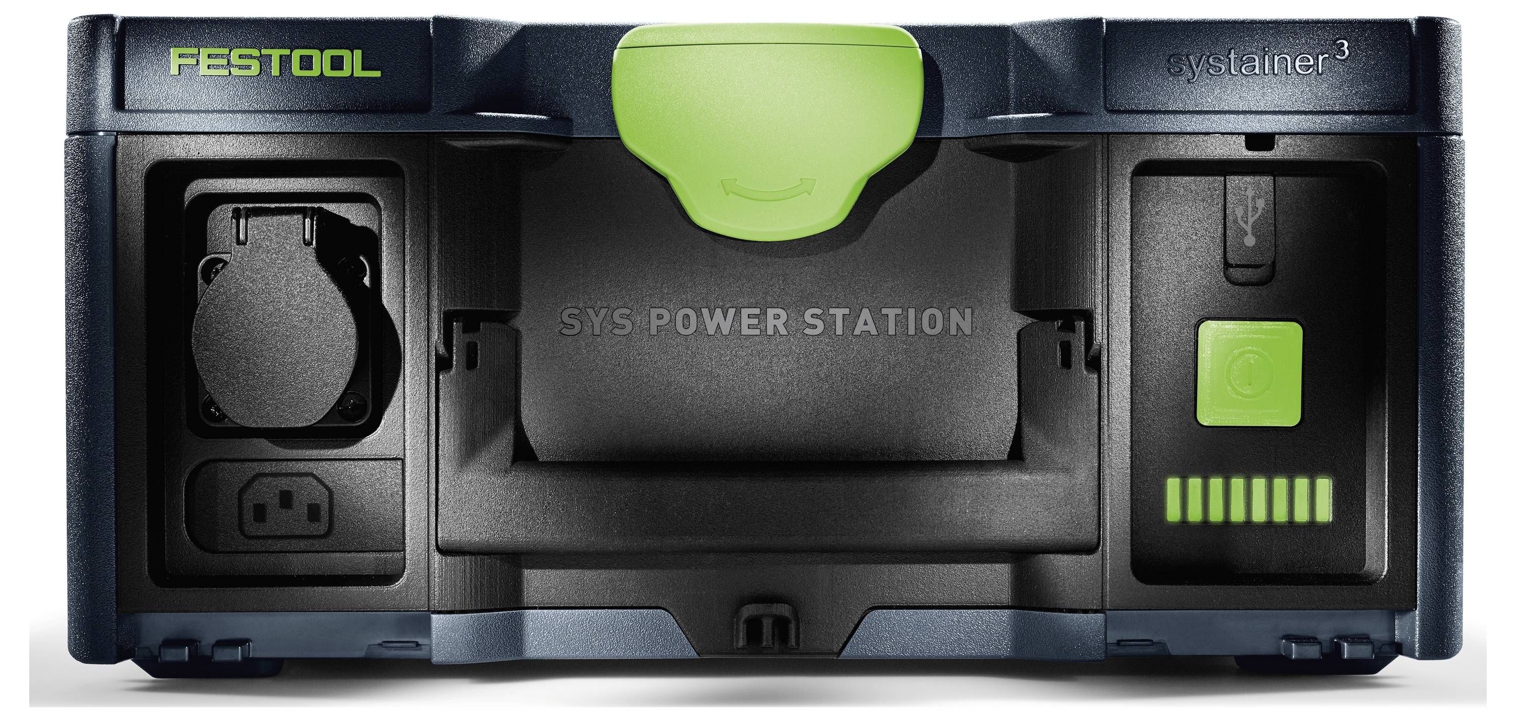 Stazione di alimentazione 'Festool' vista frontale con presa, pulsante di accensione e indicatori di batteria.