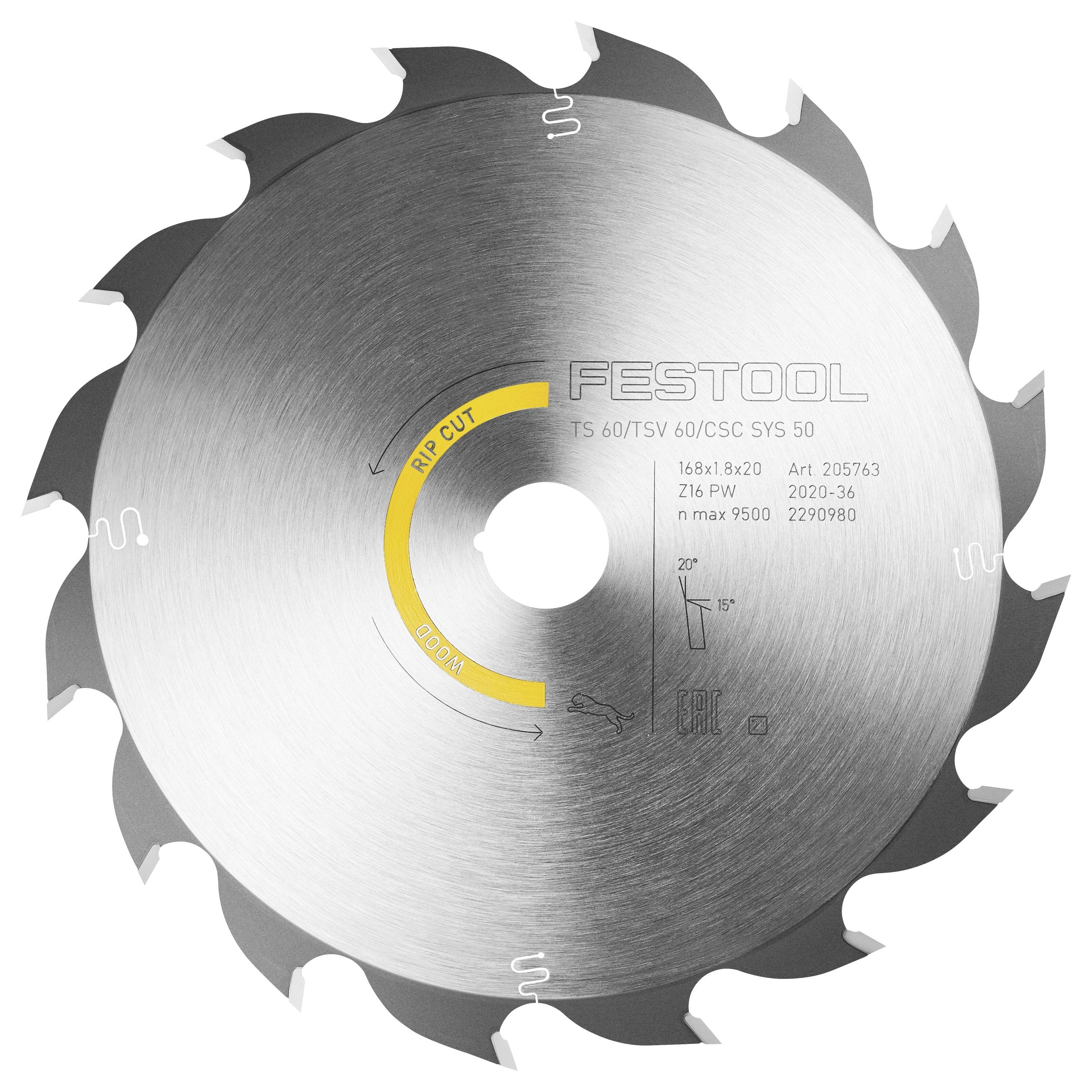 Una lama per sega circolare contrassegnata "FESTOOL", con indicazioni che segnalano l'idoneità al taglio longitudinale. La lama presenta denti alternati di grandi e piccole dimensioni.